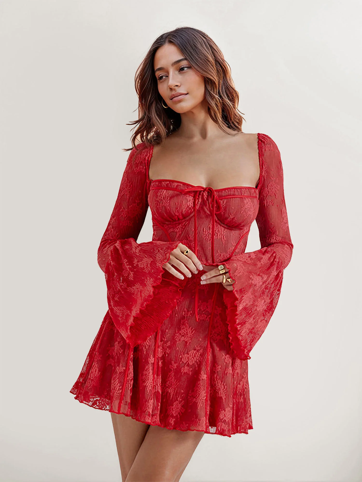 Sheer Lace Long-Sleeve Mini Dress