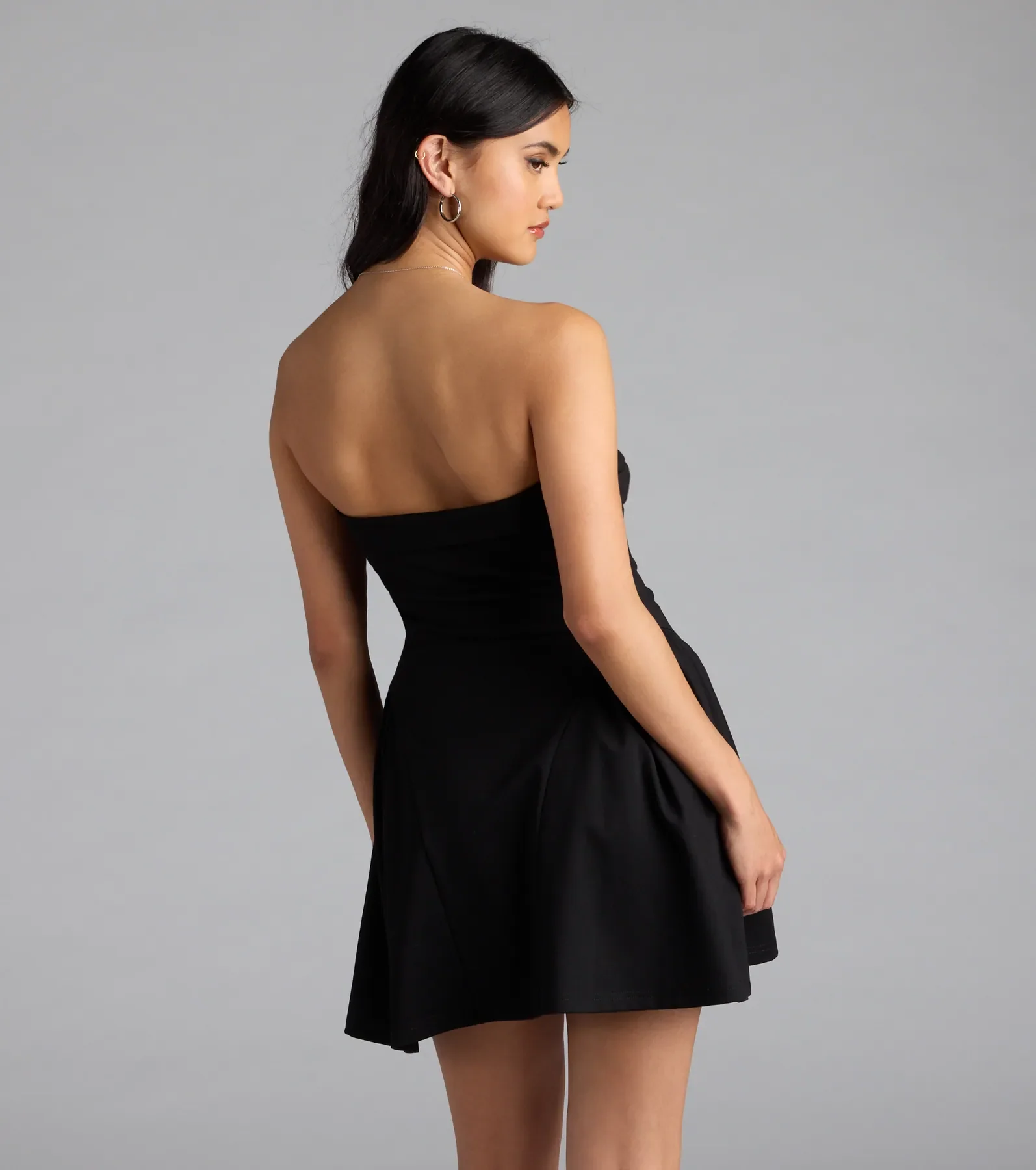 Soiree Ready Strapless Crepe Skater Mini Dress