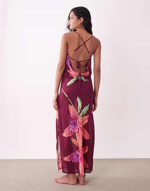 Aray sheer beach maxi dress in dark pink floral print