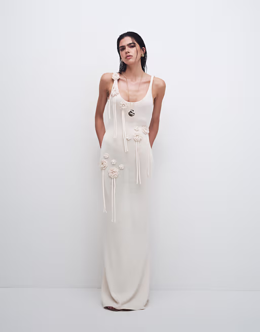Wanderdoll Lillie knitted scoop neck corsage tassel detail maxi dress in vanilla