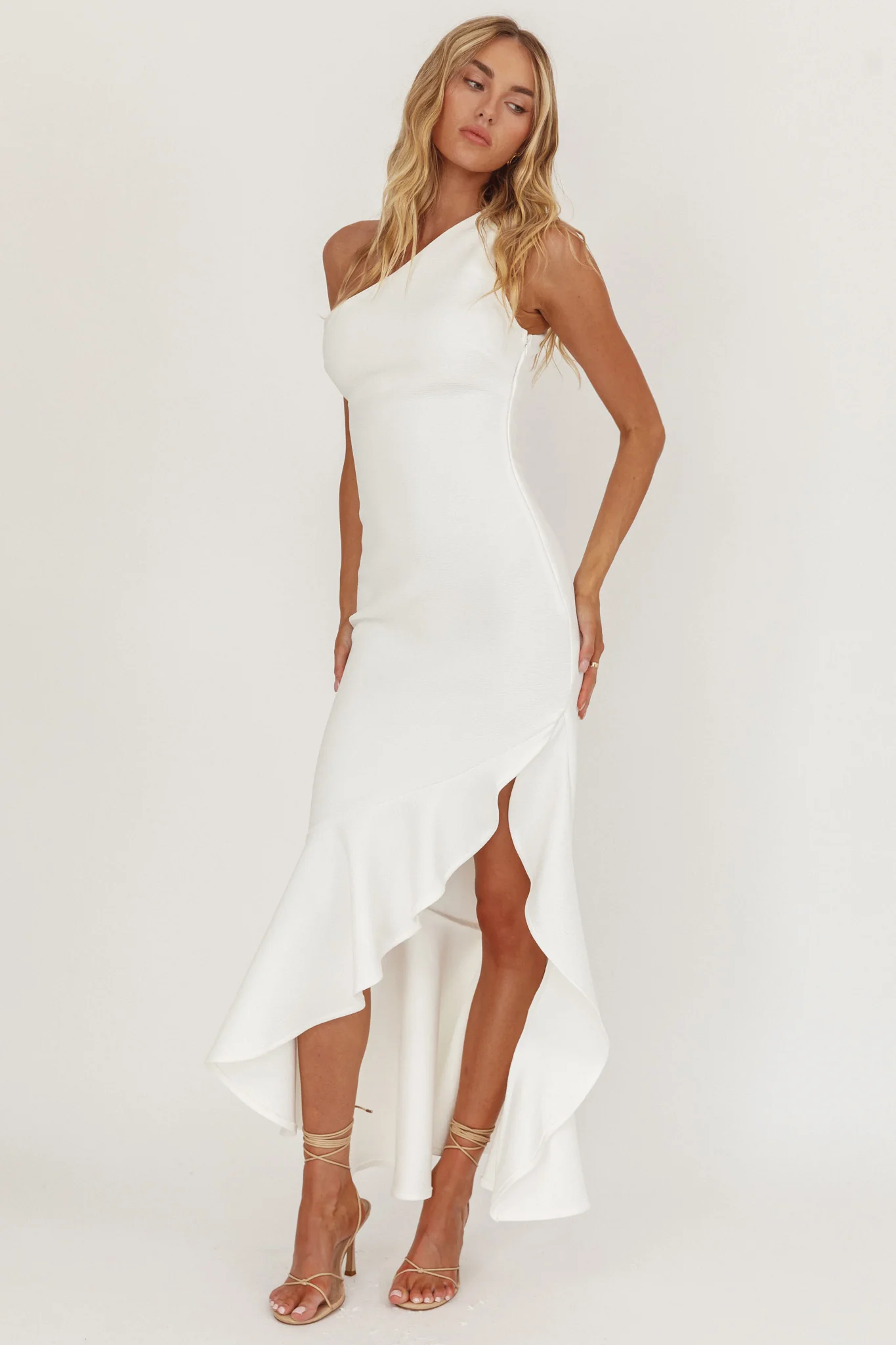 Lights On One-Shoulder Split Ruffle Hem Maxi Dress White