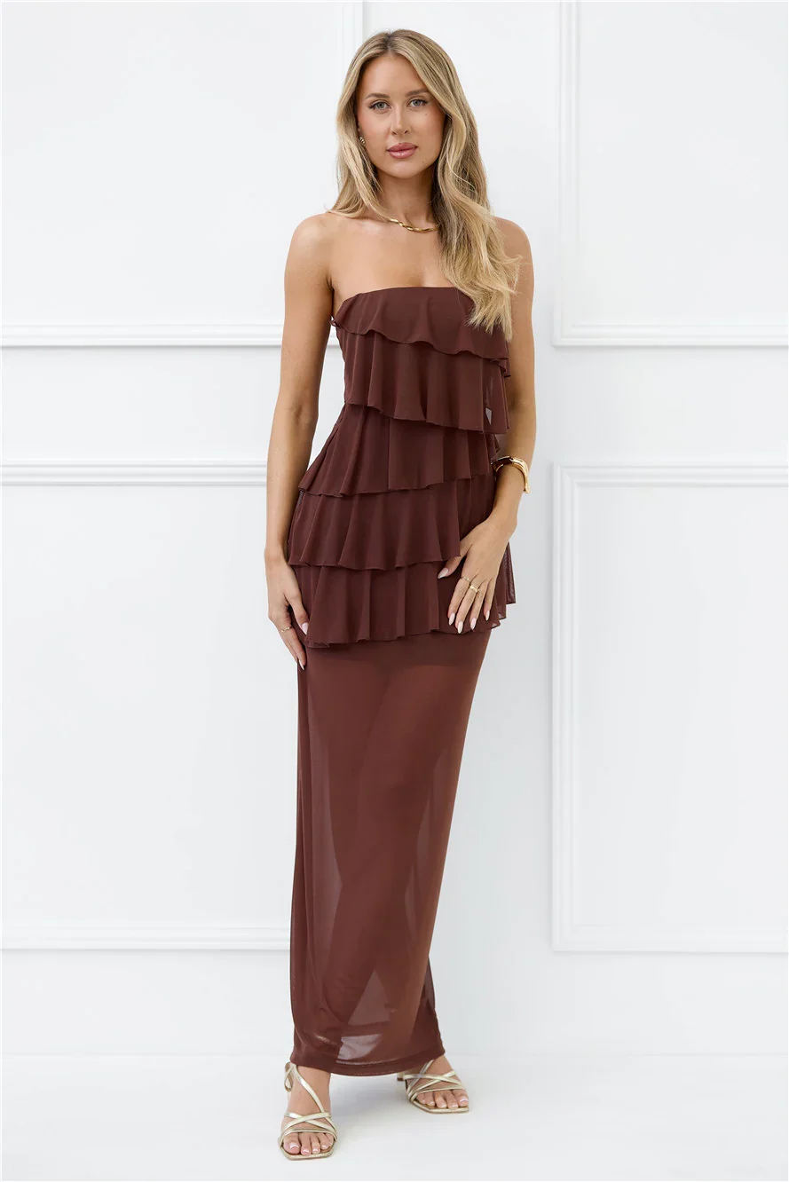 Wisp of Wonder Mesh Strapless Maxi Dress Brown