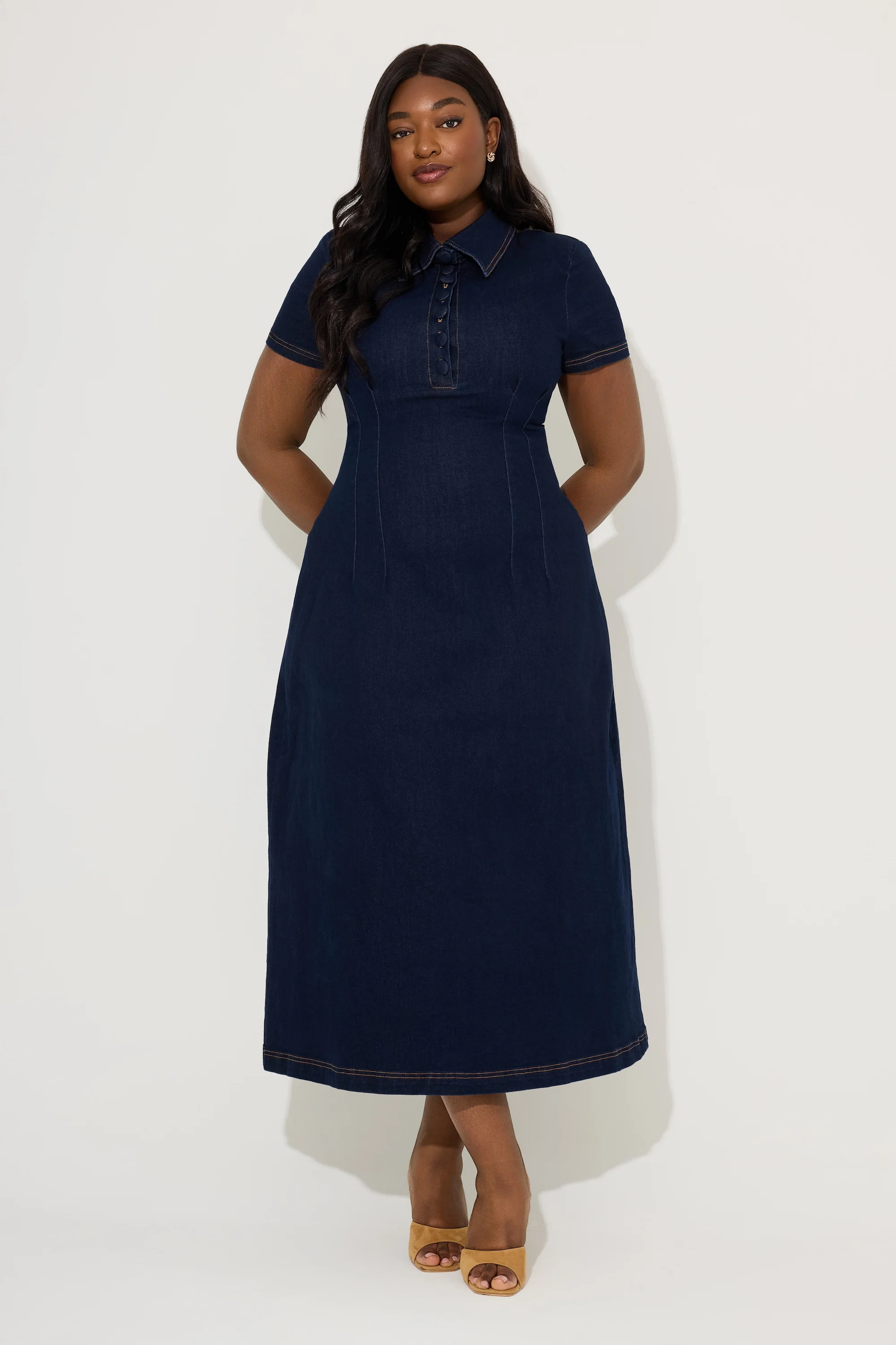 Cotton Mix Denim Collared Midi Dress