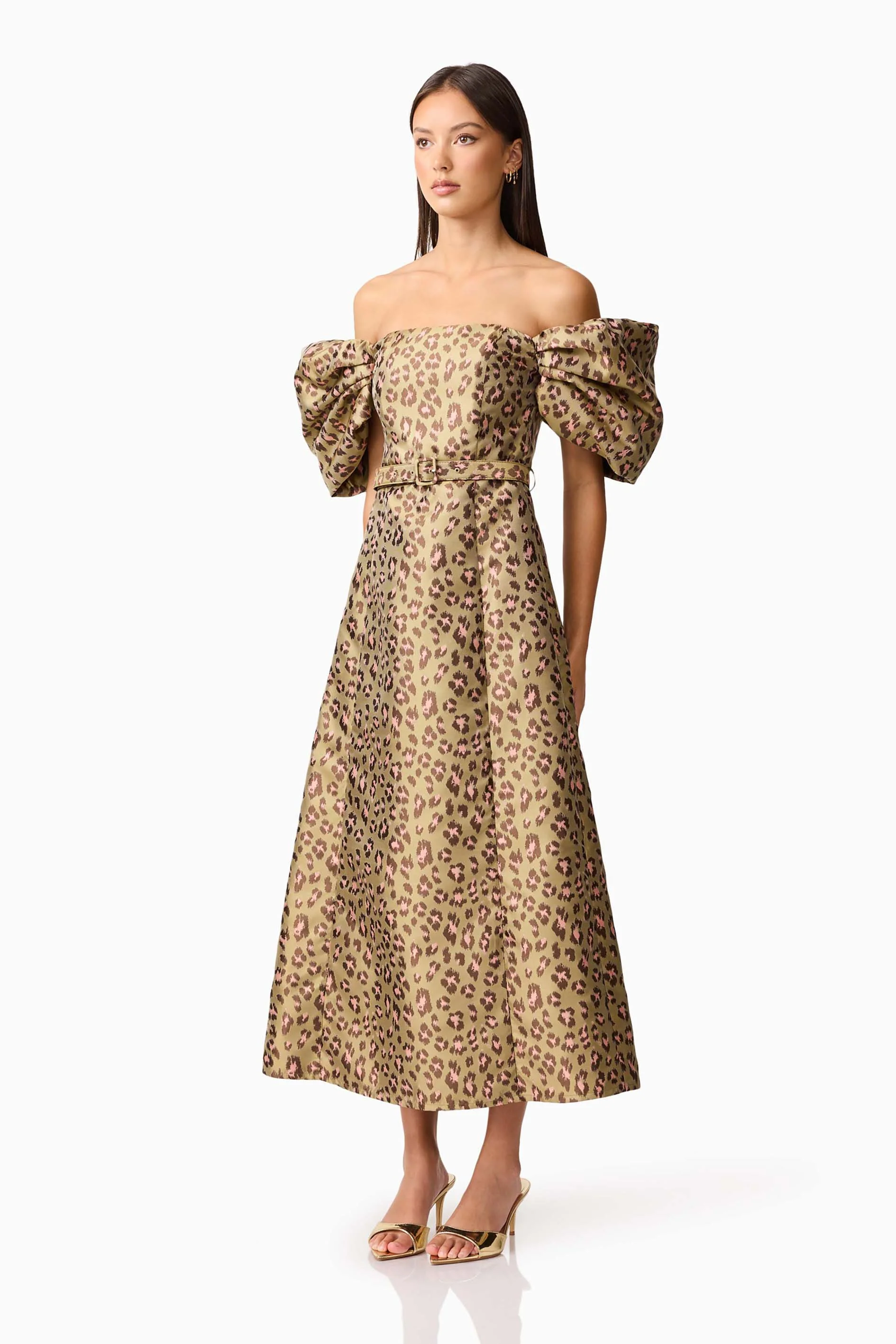 Elara Off The Shoulder Midi Dress in Leopard Print
