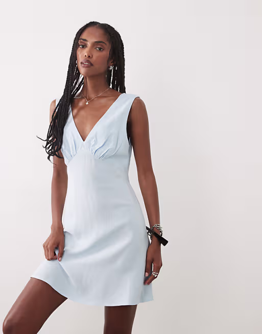 linen blend v neck halter mini dress in light blue