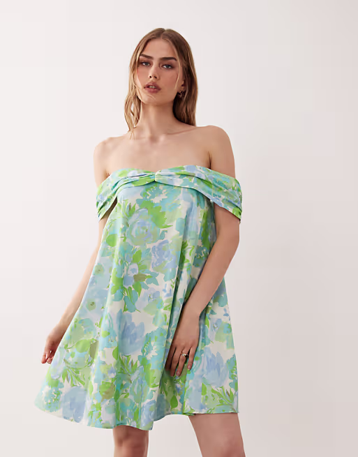 off-shoulder bandeau mini dress in green floral print