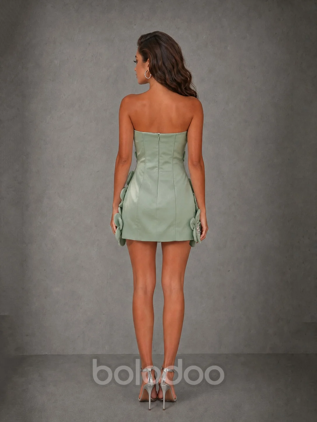 BOLODOO Sage Green 3D Floral Strapless Mini Dress with Crystal Embellishments