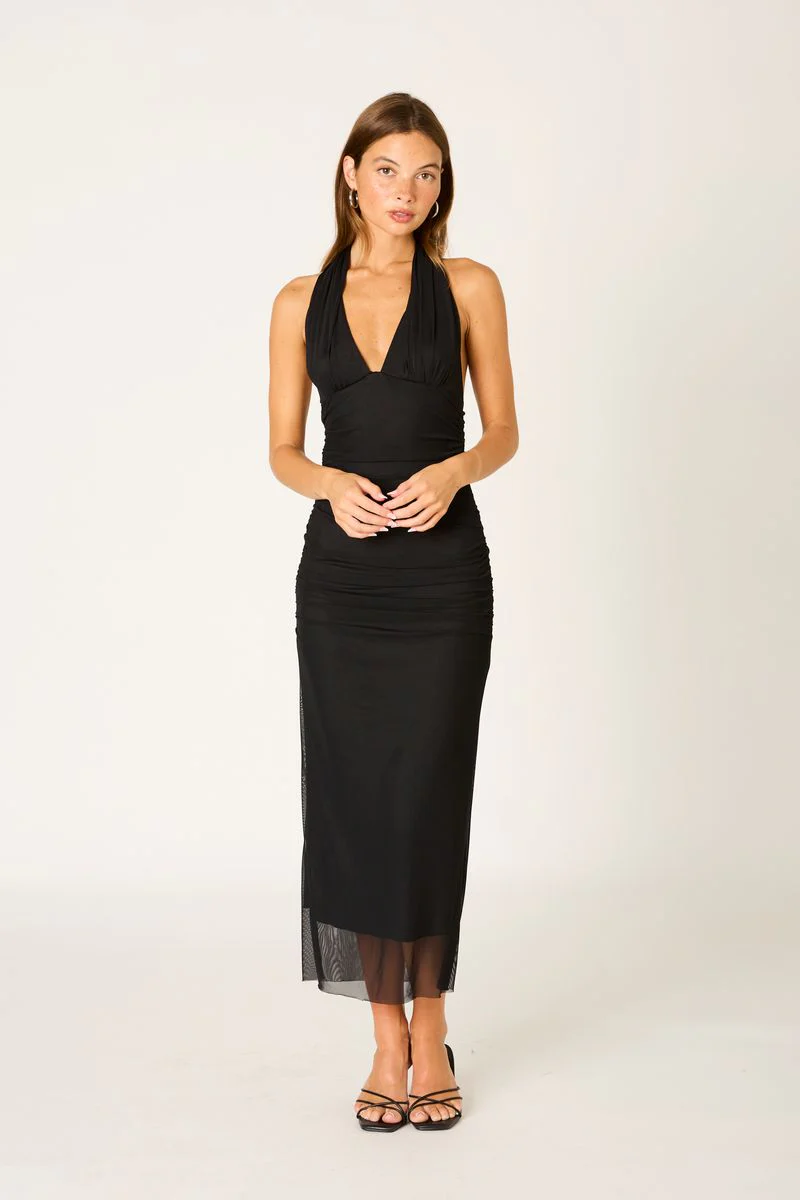 Ruched Mesh Midi Dress