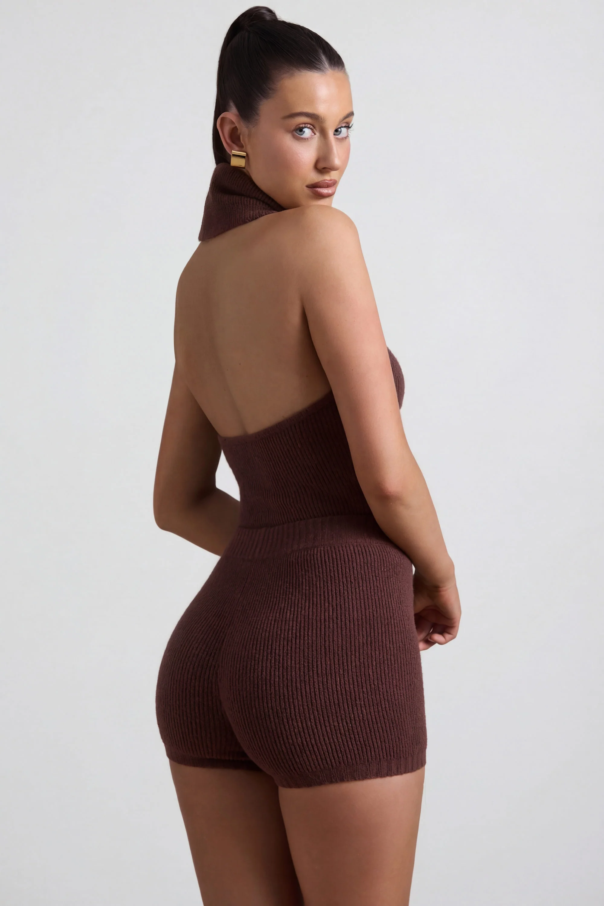 Ribbed-Knit Turtleneck Backless Top in Espresso