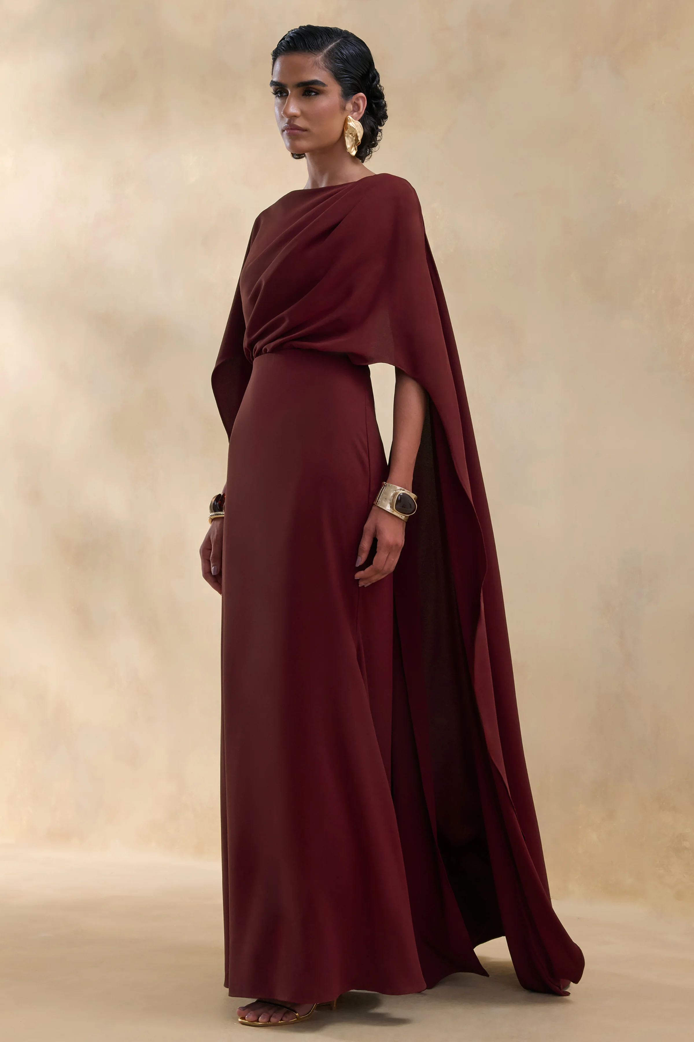 Pristina | Burgundy Boat-Neck Woven Maxi Dress With Cape Detail