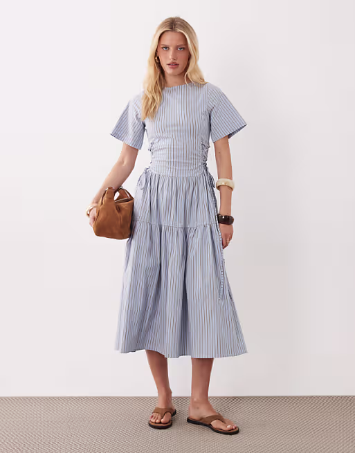 Ghospell Piper short sleeve tiered skirt midi dress in light blue striped print