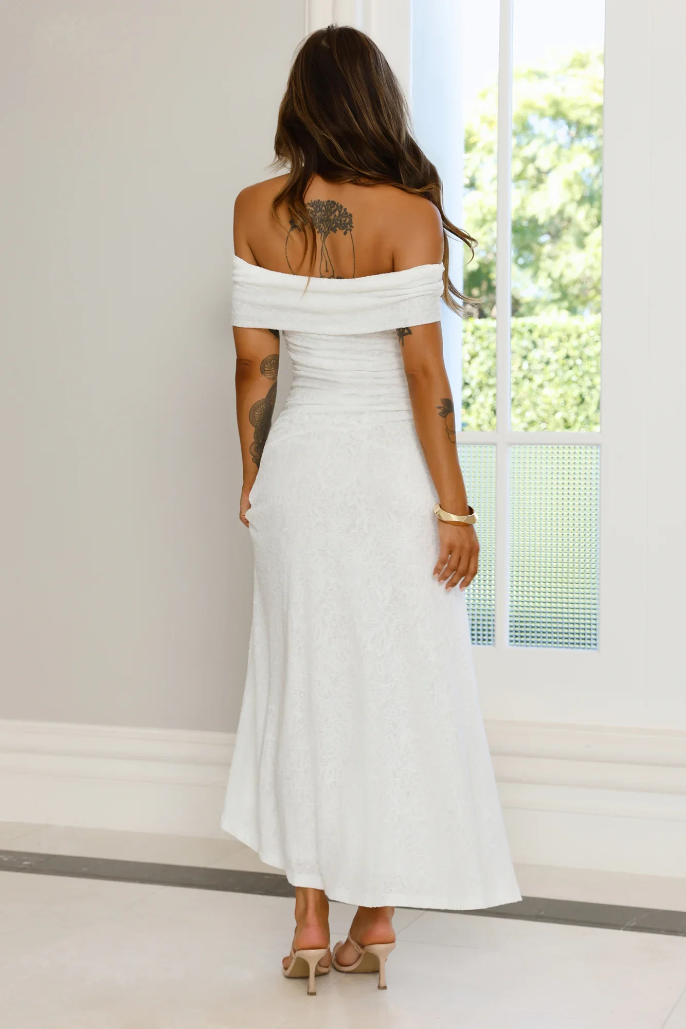 First Class Finish Off Shoulder Maxi Dress Cream - luluinthesky