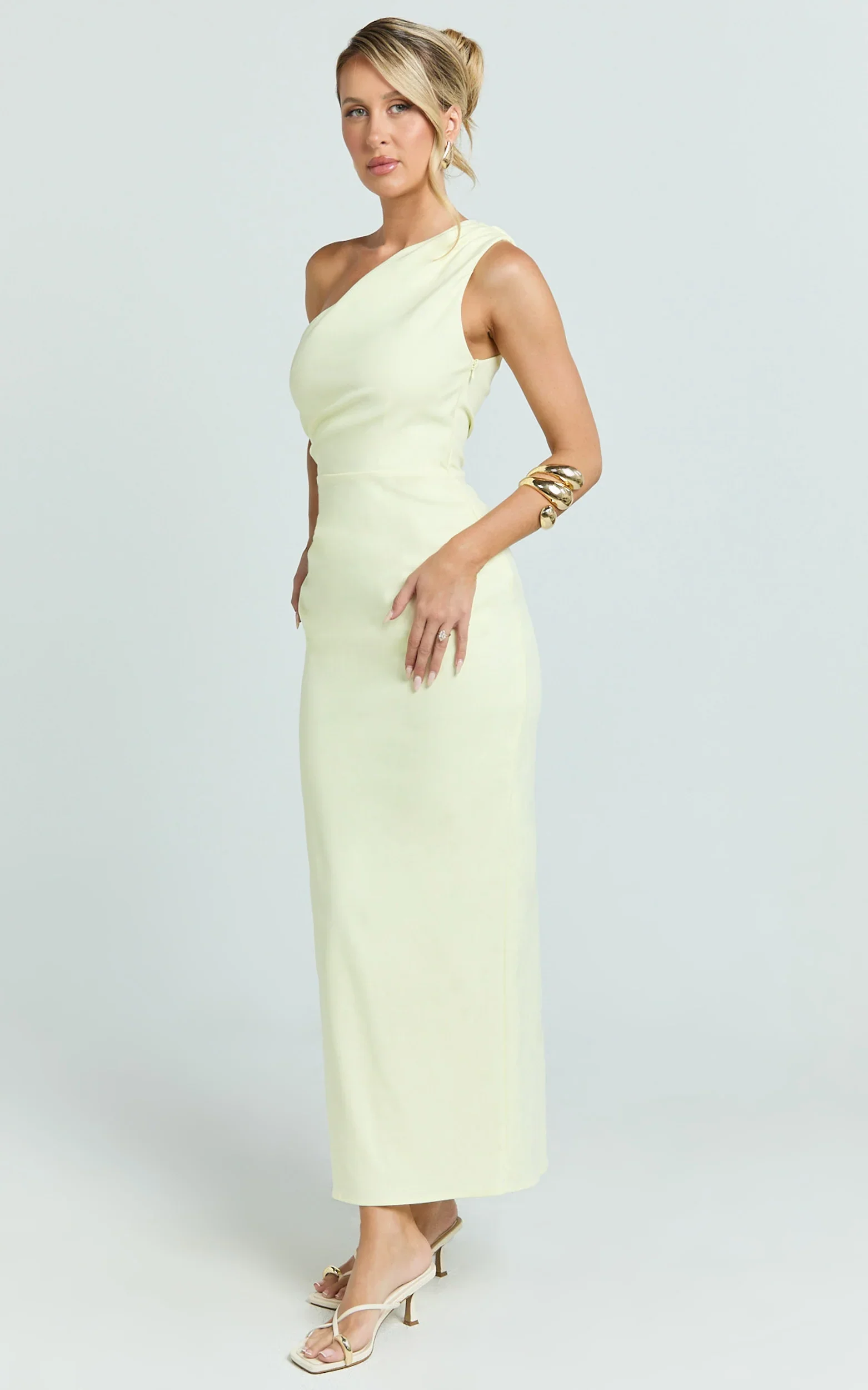 Karlie Midi Dress - One Shoulder Fitted Dress in Lemon