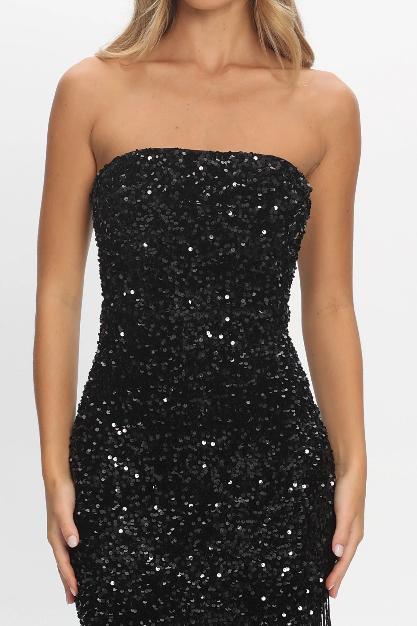 Events Tassel Trim Midi Dress Sequin Black - luluinthesky