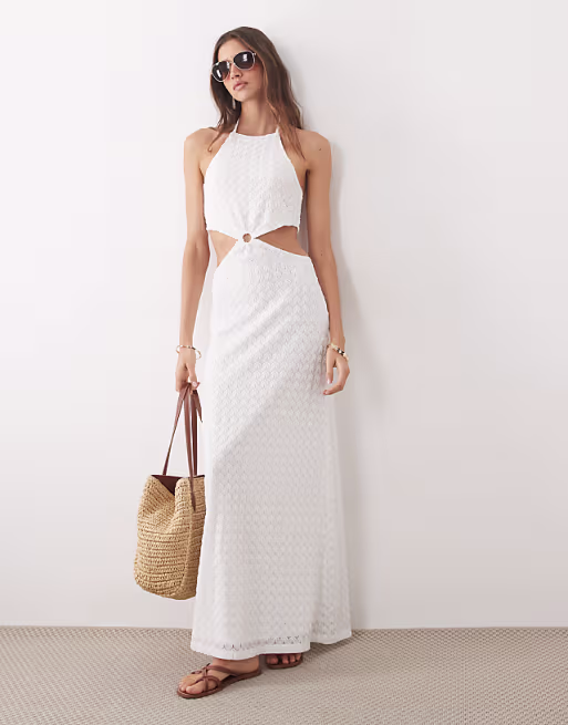 Mango Teen cut out halterneck embroidered maxi dress in white