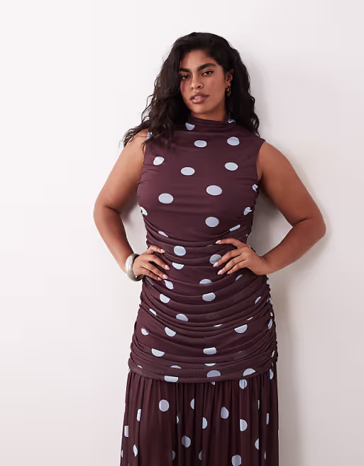 Curve printed polka dot ruched drop waist circle dress with grown on neck in blue