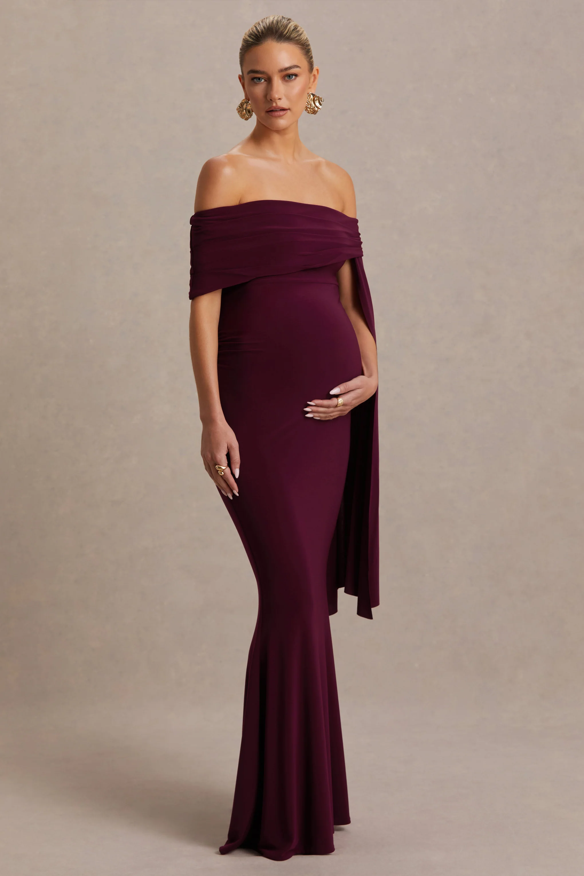 Aquila | Burgundy Bardot Maternity Maxi Dress With Draped Detail