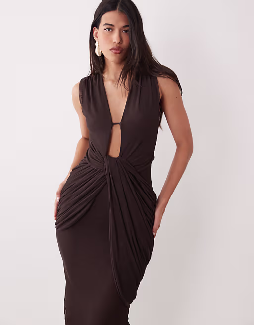 plunge neck gather detail mesh maxi dress in chocolate