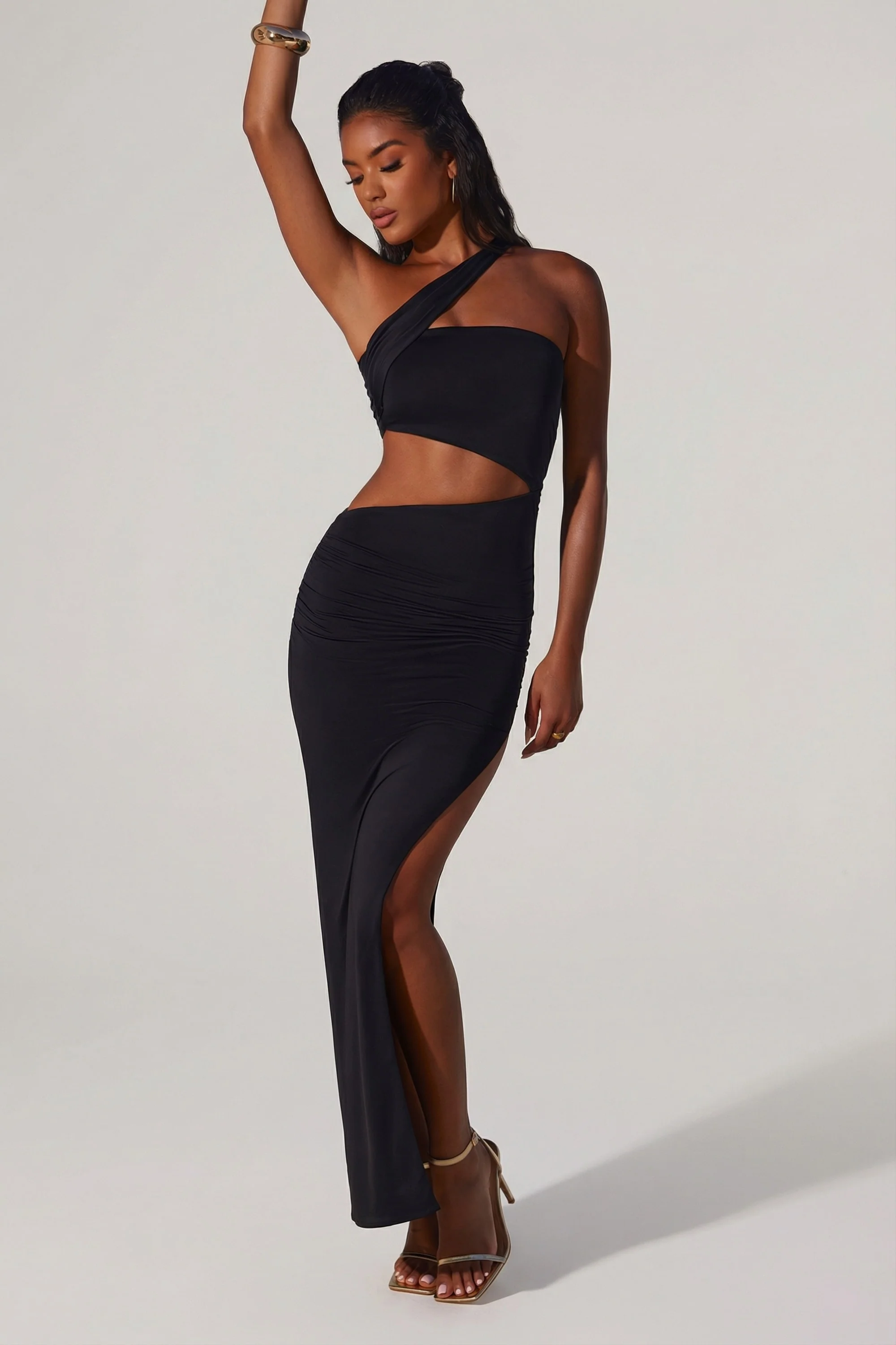 Asymmetric Neckline Ruched Cut Out Maxi Dress in Black