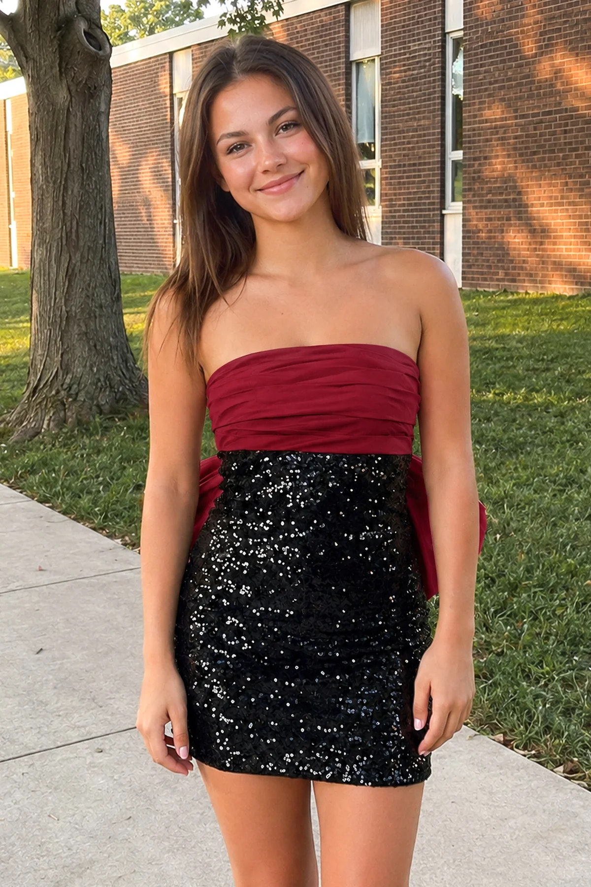 Sheath Strapless Sequined Fuchsia Black Bow Mini Party Dresses