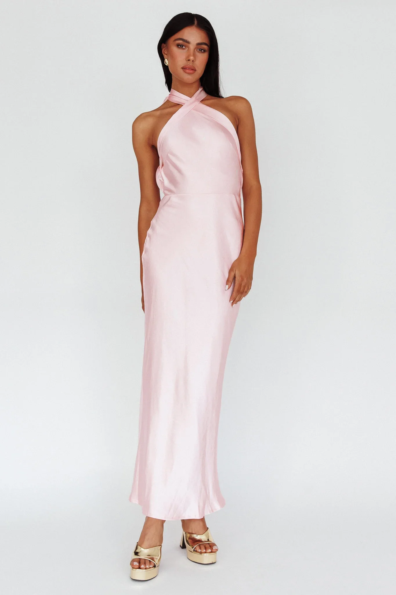 Italia Azure Crossover Halterneck Maxi Dress Pearl