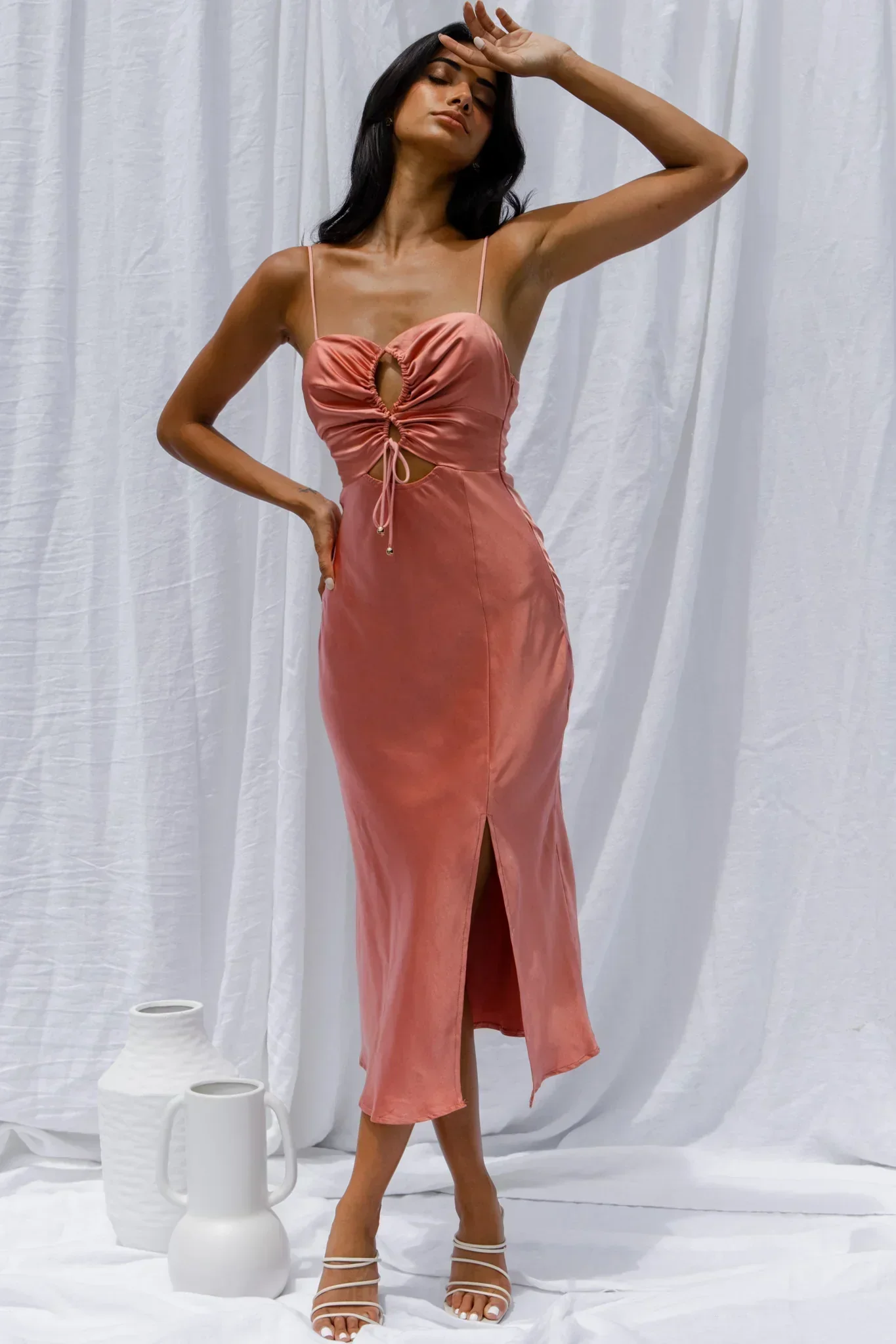 Date Night Drawstring Bust Midi Dress Rose