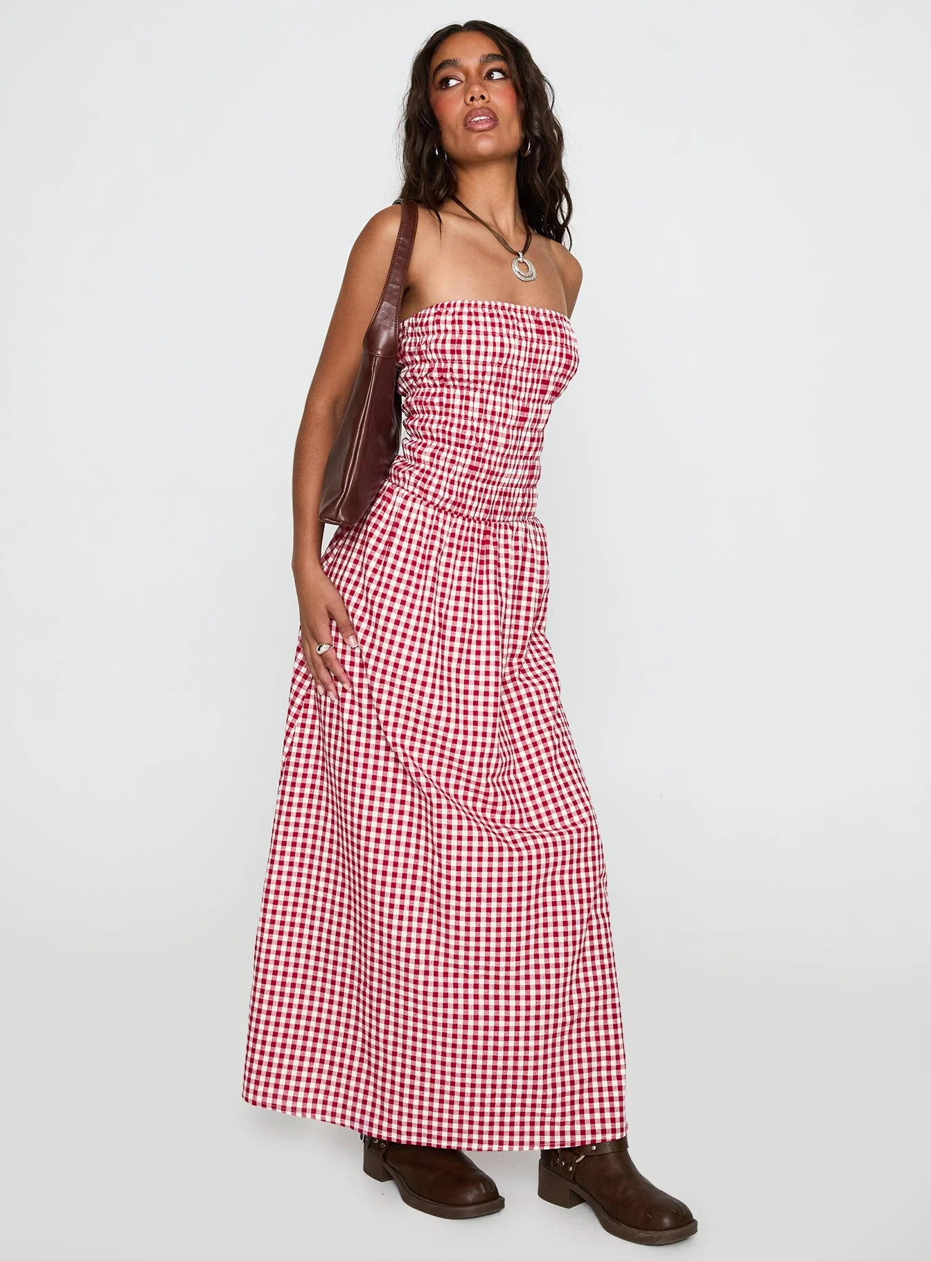 Human Nature Strapless Maxi Dress Red Check