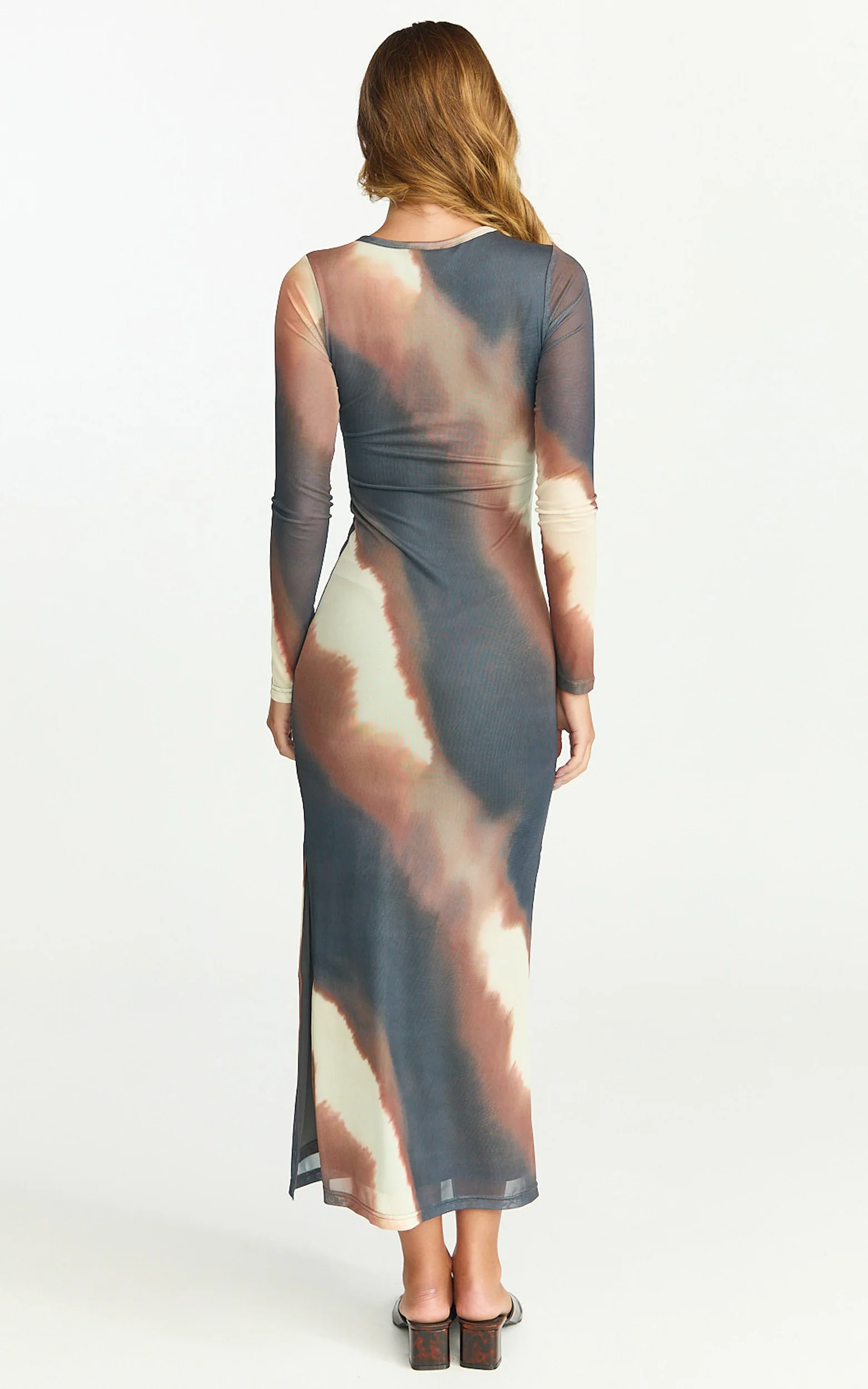 Margot Maxi Dress - High Neck Long Sleeve Mesh Dress in Rust Print