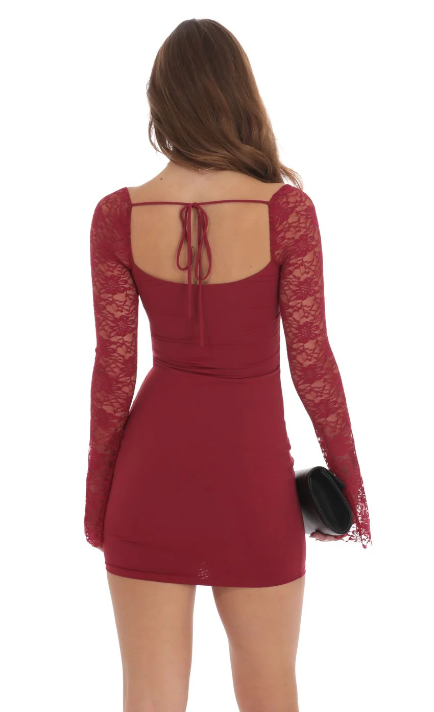 Lace Long Sleeve Bodycon Dress in Maroon - luluinthesky