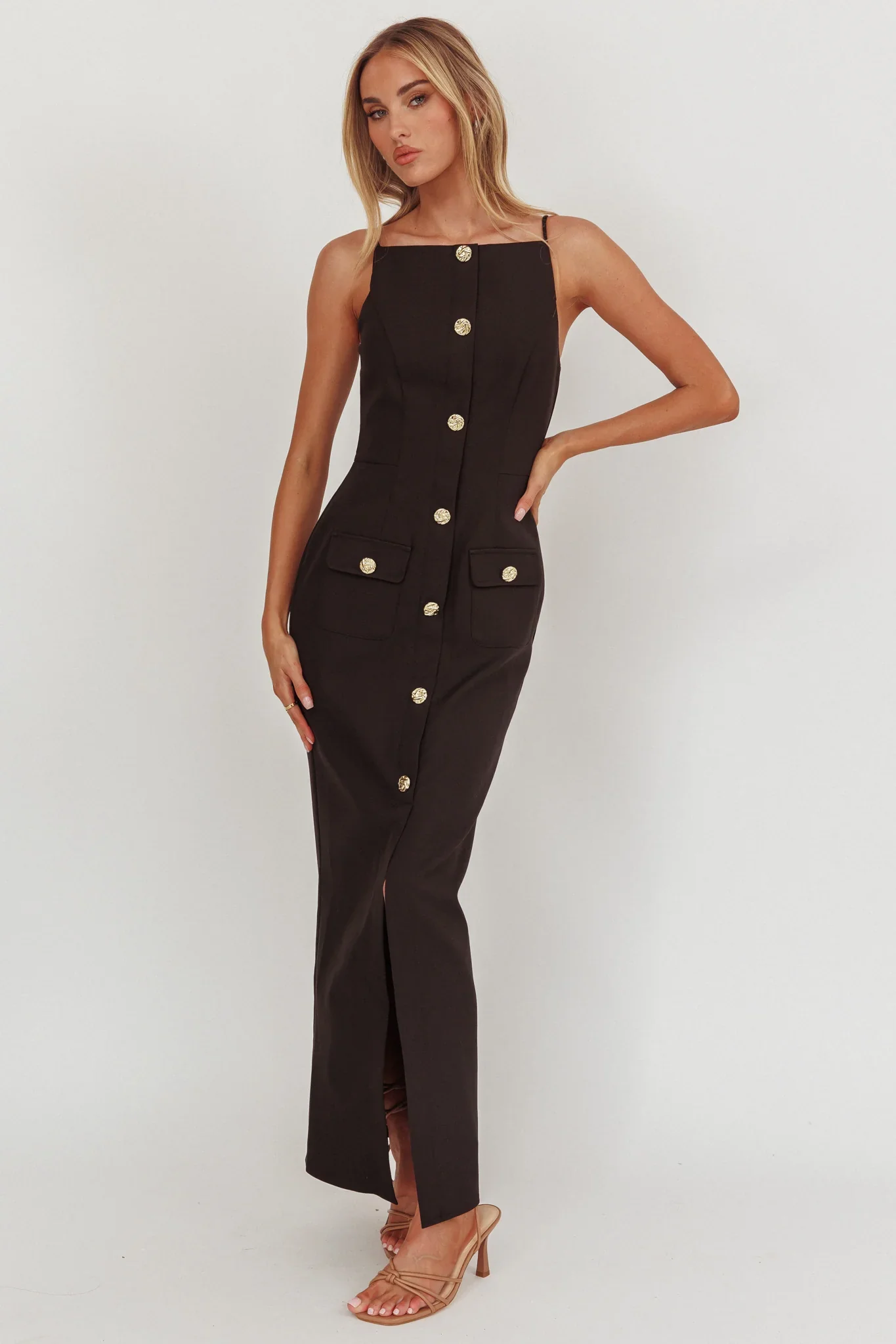 Harlin Button Decoration Maxi Dress Black