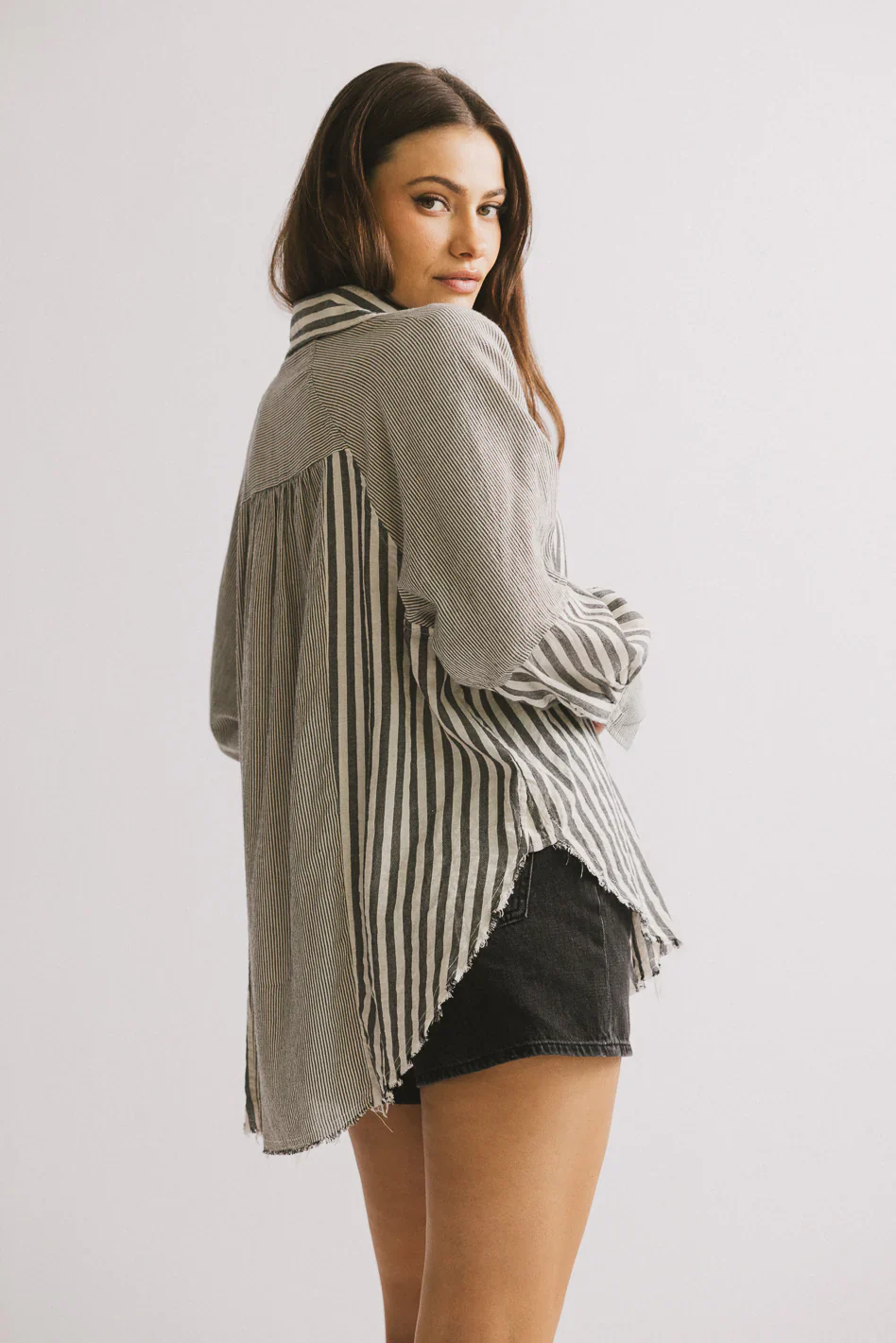 Gia Striped Button Up in Black