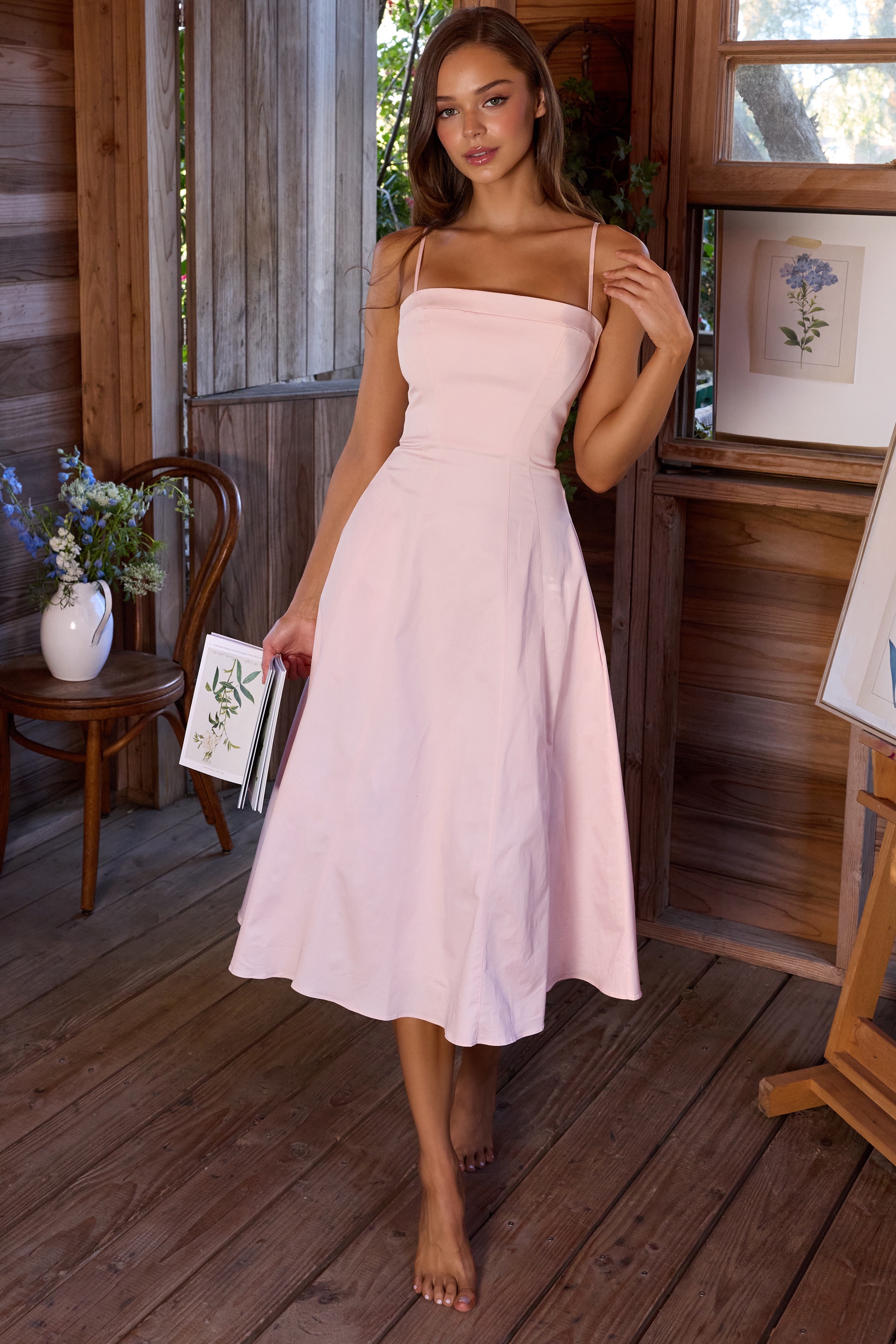 pink sateen cotton flared midi sundress