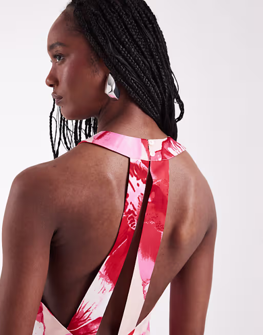 Vero Moda Tall sleeveless open back satin midi dress with overblown floral print in light pink