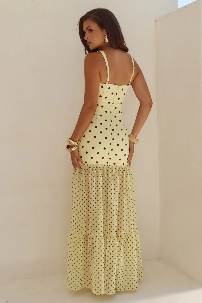 TILLIE SHEER BOTTOM MAXI DRESS - LEMON/CHOC POLKA