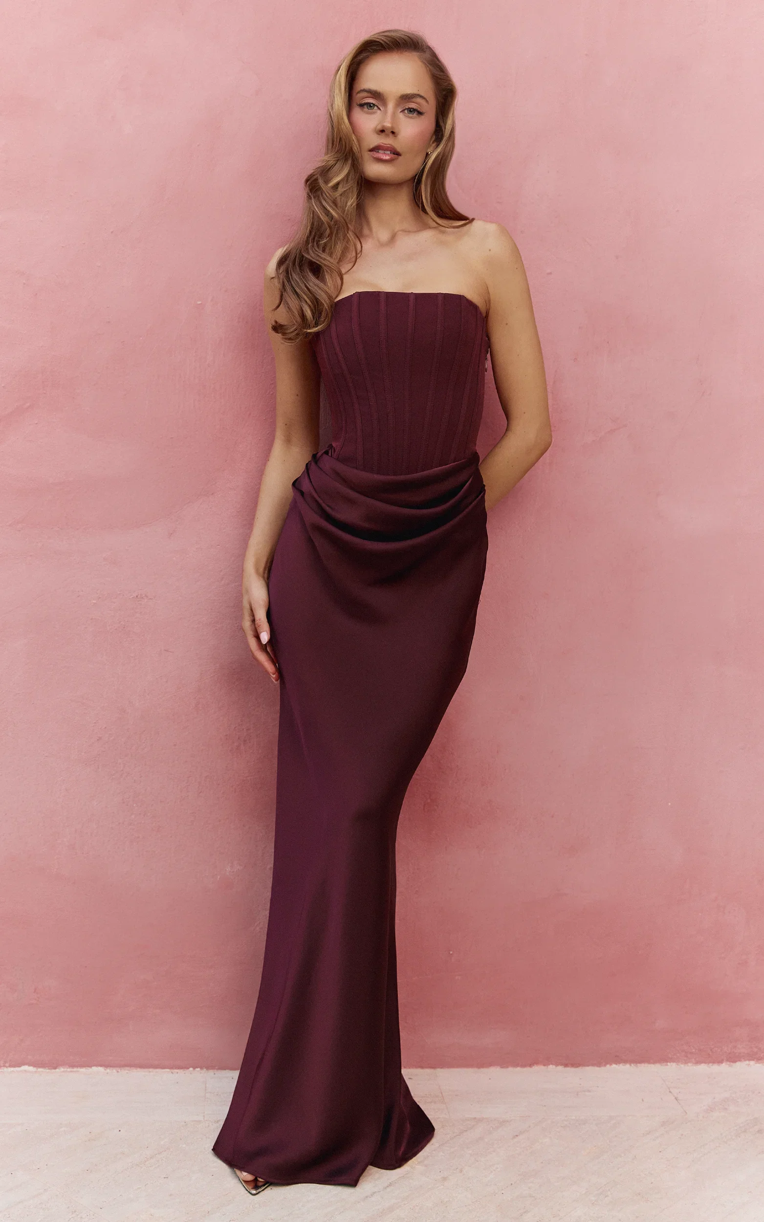 Kailani Maxi Dress - Strapless Corset Bodice Lace Up Back Dress in Chocolate