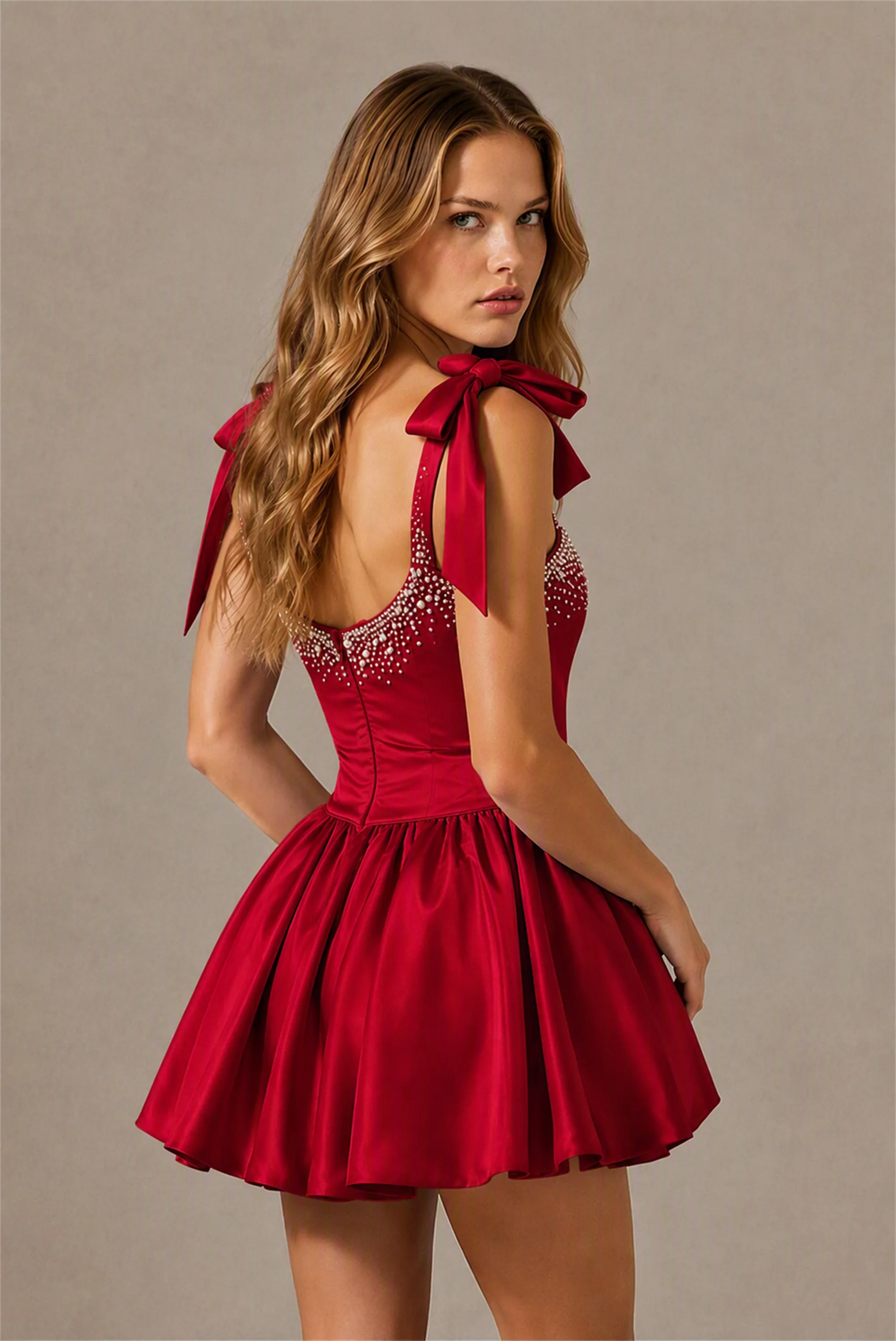 BOLODOO Burgundy Satin Pearl Embellished Sweetheart Bow Strap Bubble Hem Mini Dress | Cocktail Prom Homecoming Dress