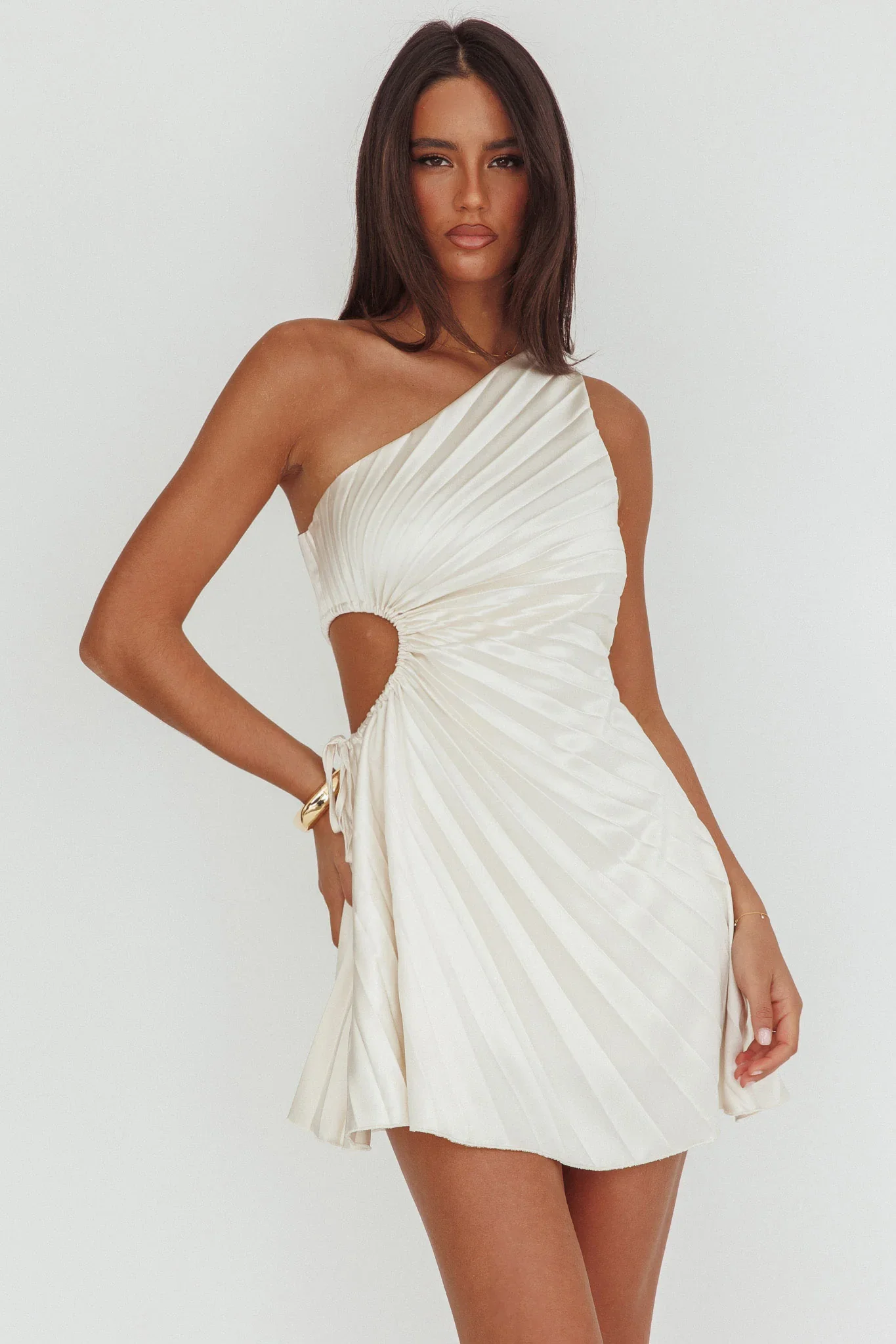 Glow Ray One-Shoulder Pleat Dress Champagne