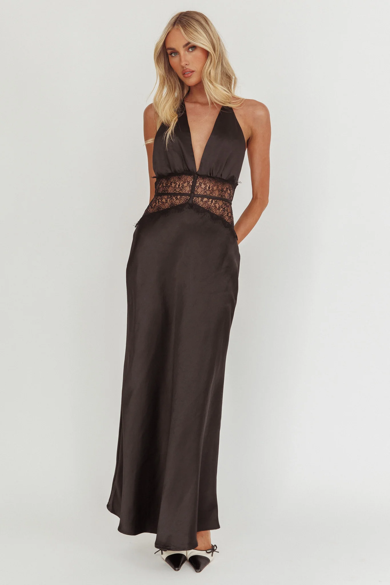Tarly Lace Waist Halter Maxi Dress Black