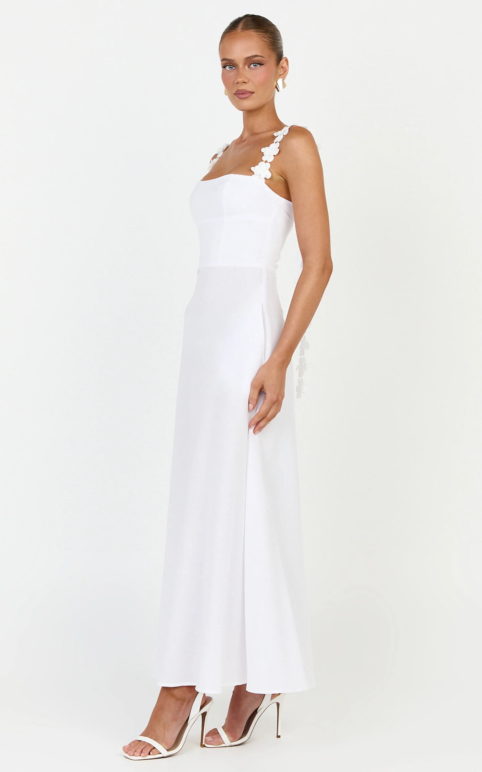 Clementine Midi Dress - 3D Floral Strap Dress in White