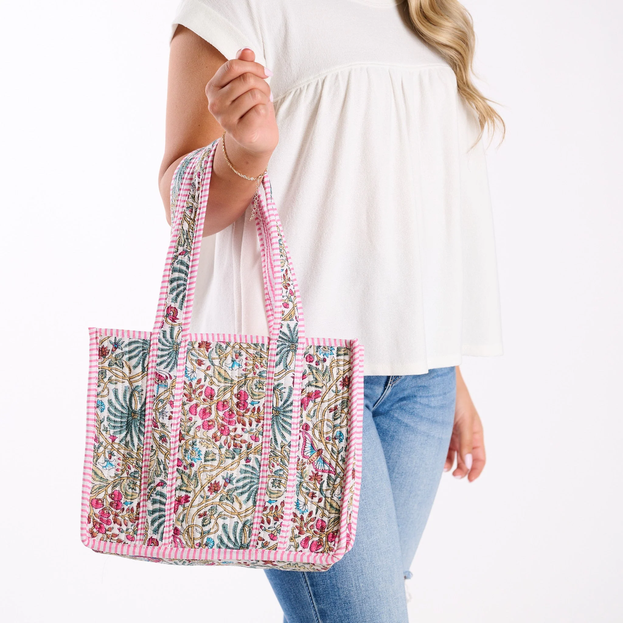 Mini White Floral Quilted Tote Bag - luluinthesky