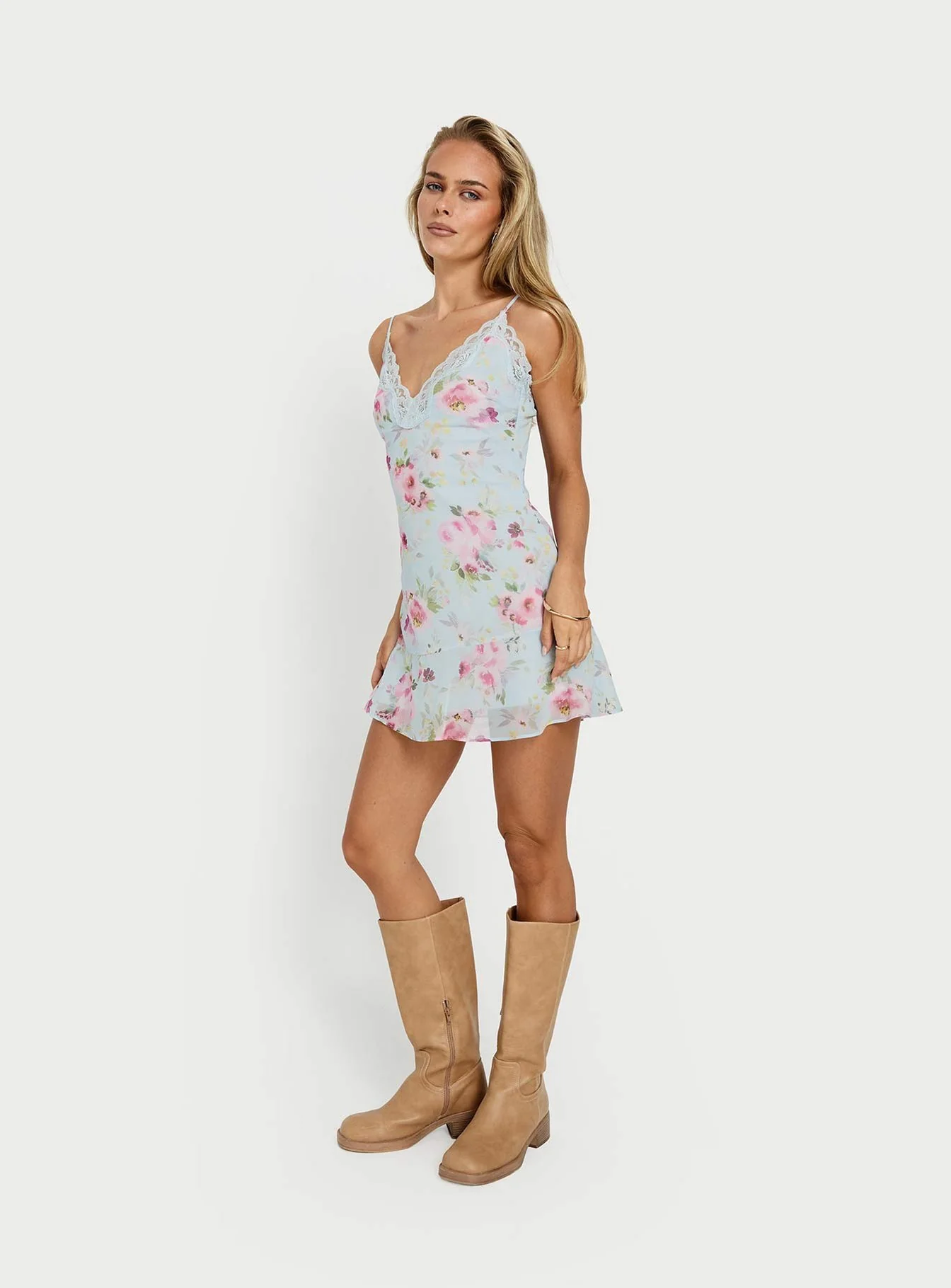 Sandia Lace Trim Mini Dress Blue Floral