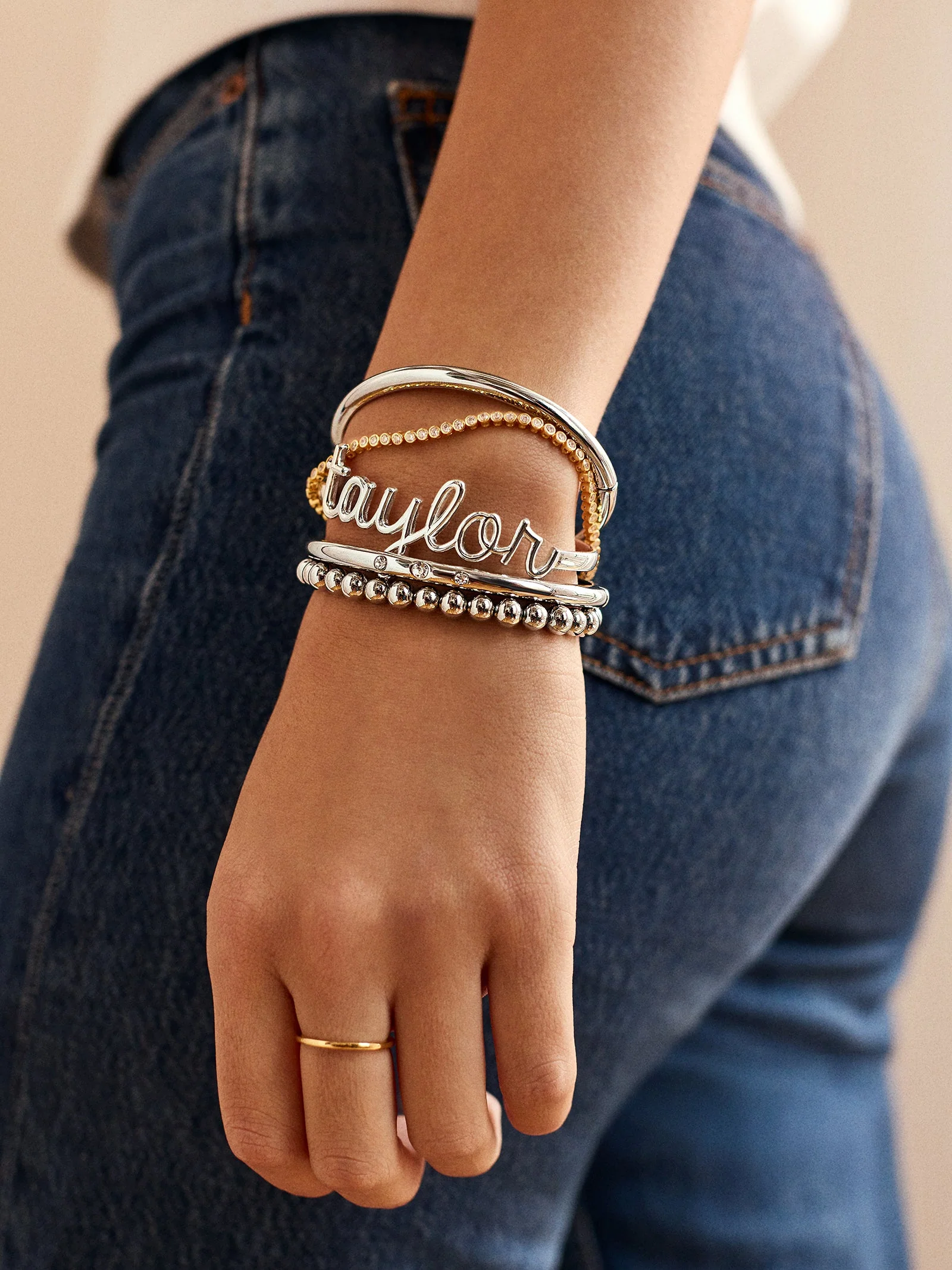 Nadia Classic Hinge Bangle - Classic Thin Silver Triple Bezel