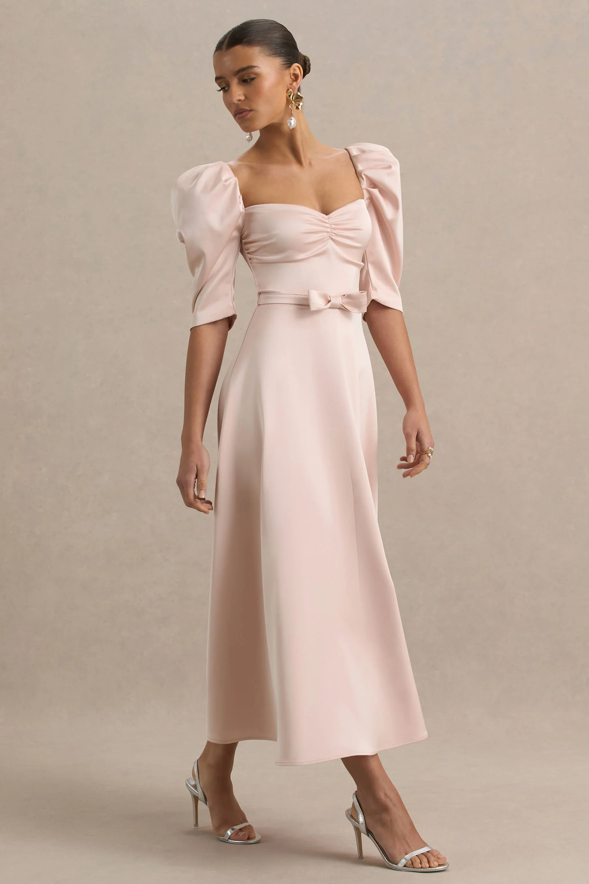 Rosey | Pale Pink Satin Sweetheart Midi Dress