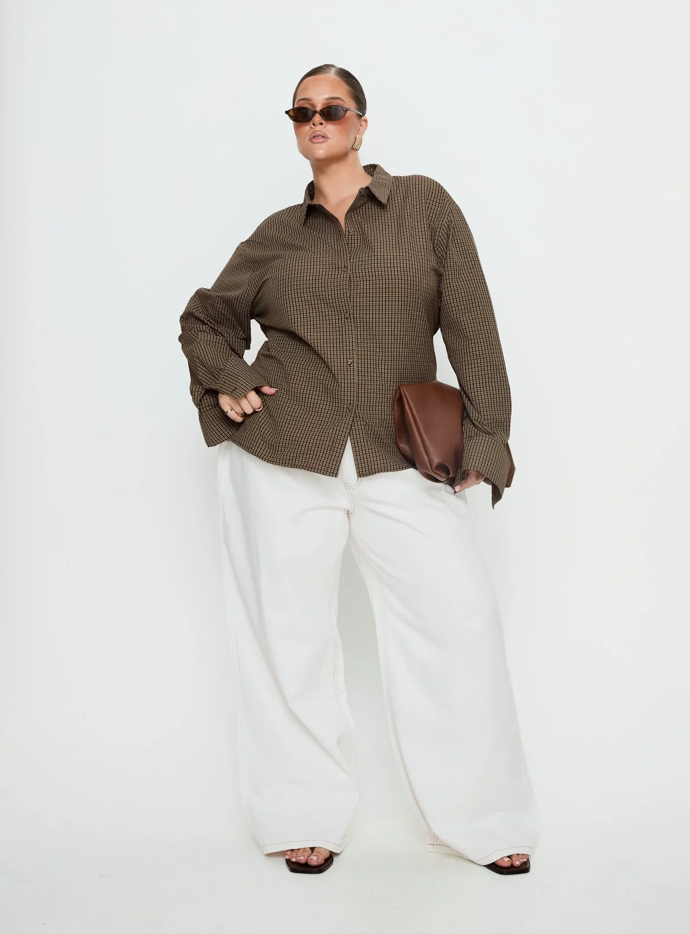 Xinia Tie Waist Long Sleeve Shirt Brown Check Curve