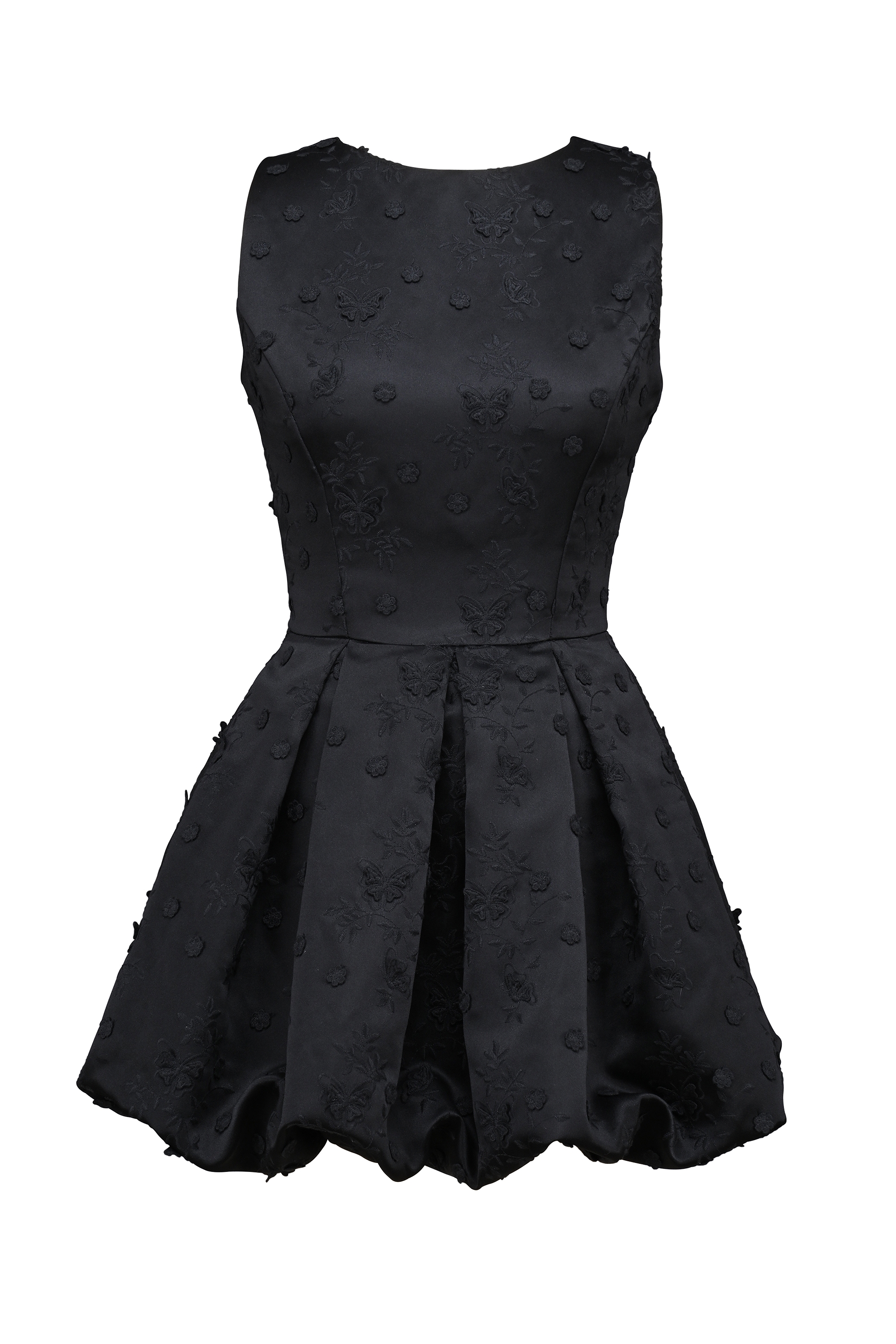 Black Backless Embroidered Mini Puffball Dress