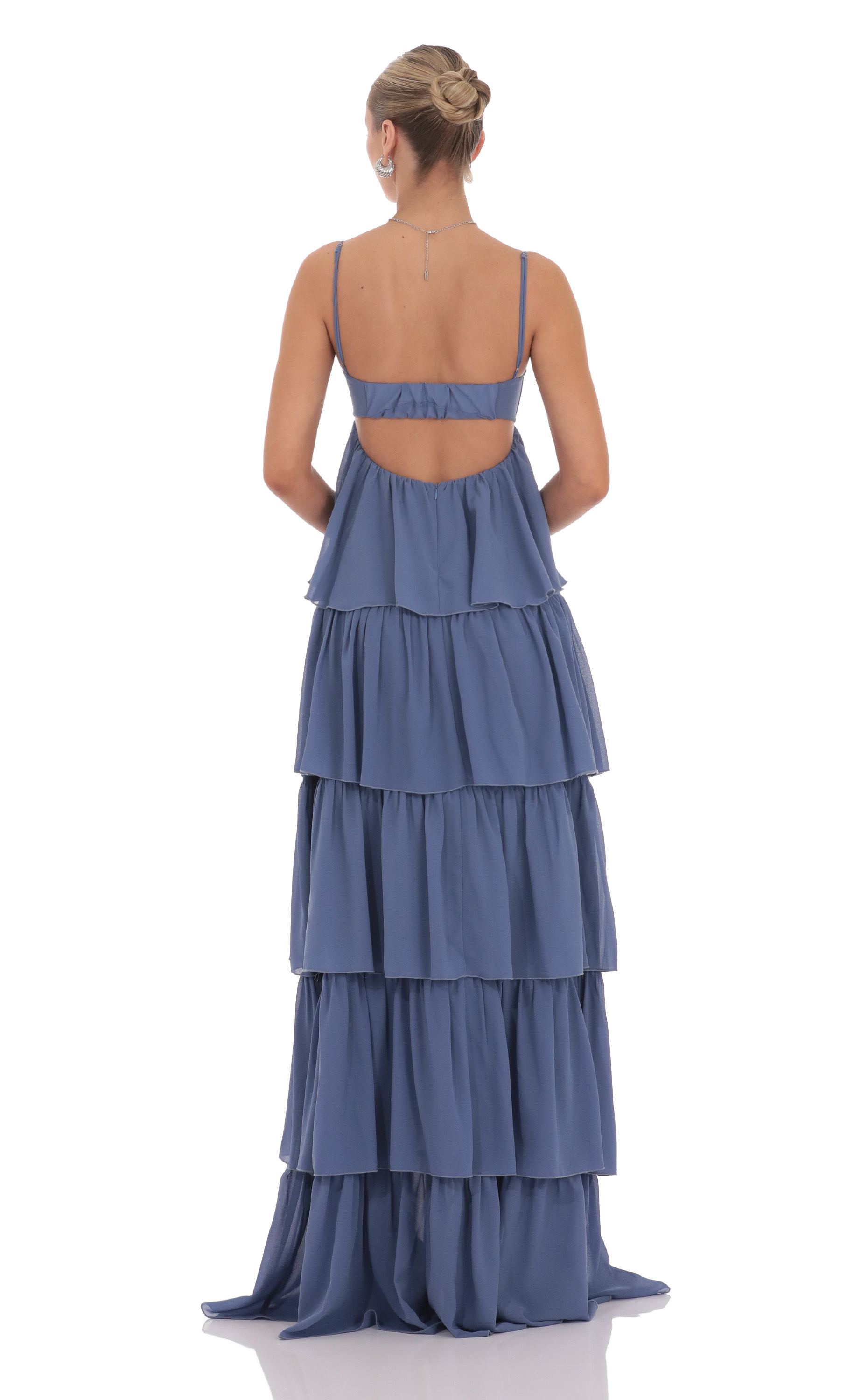 Chiffon Front Tie Ruffle Dress in Denim Blue - luluinthesky