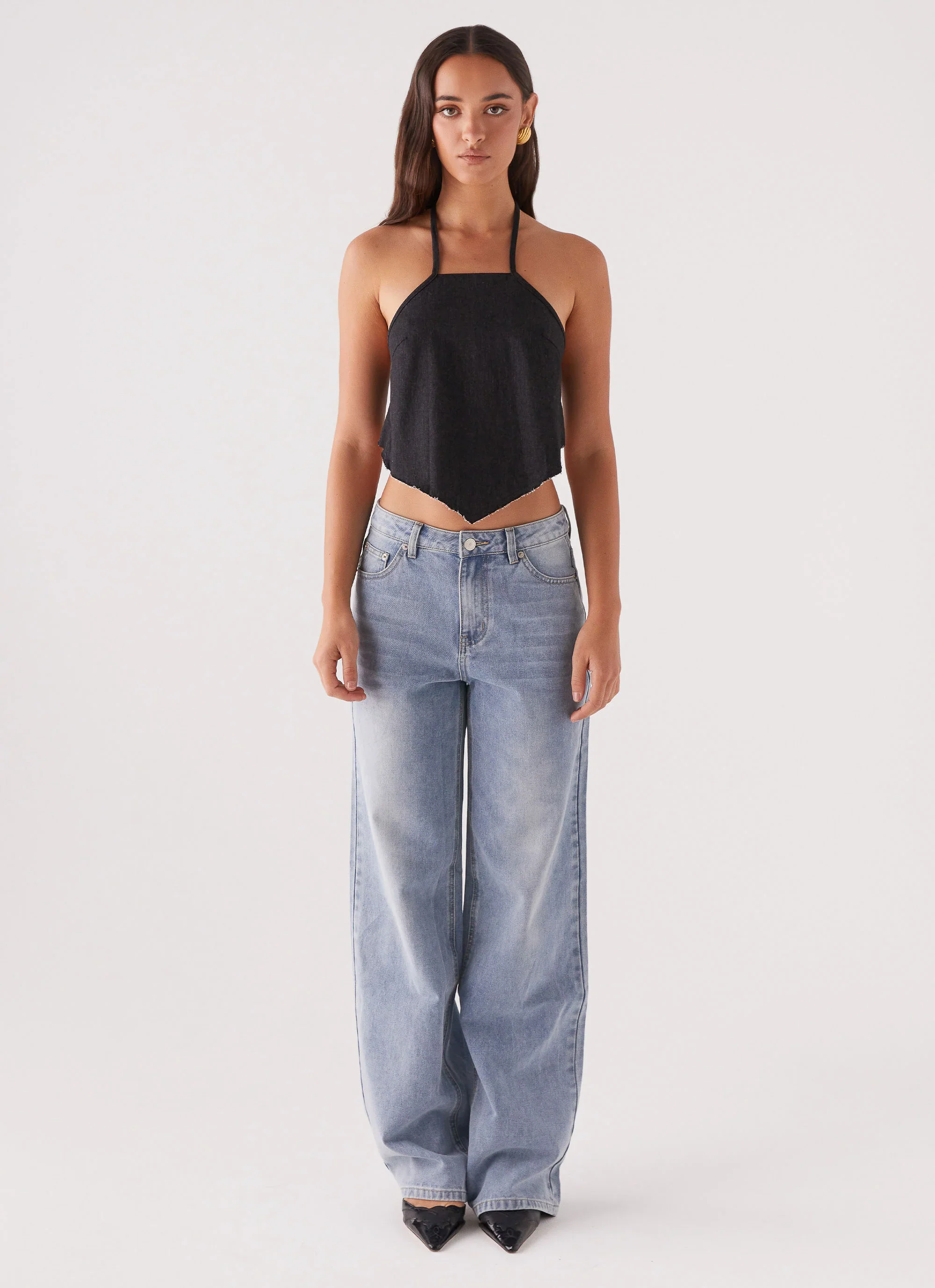 Rexi Halter Denim Top - Washed Black