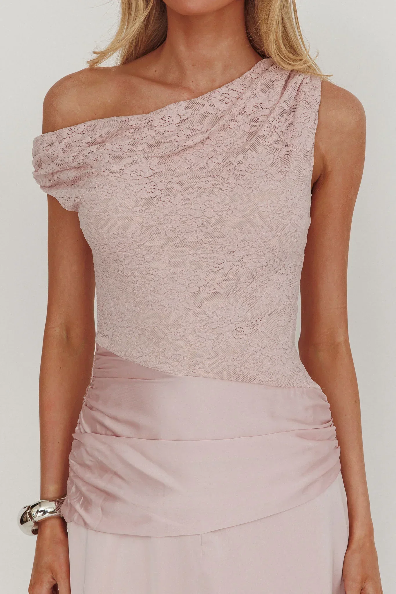Diana Asymmetric Shoulder Pleat Waist Maxi Dress Blush