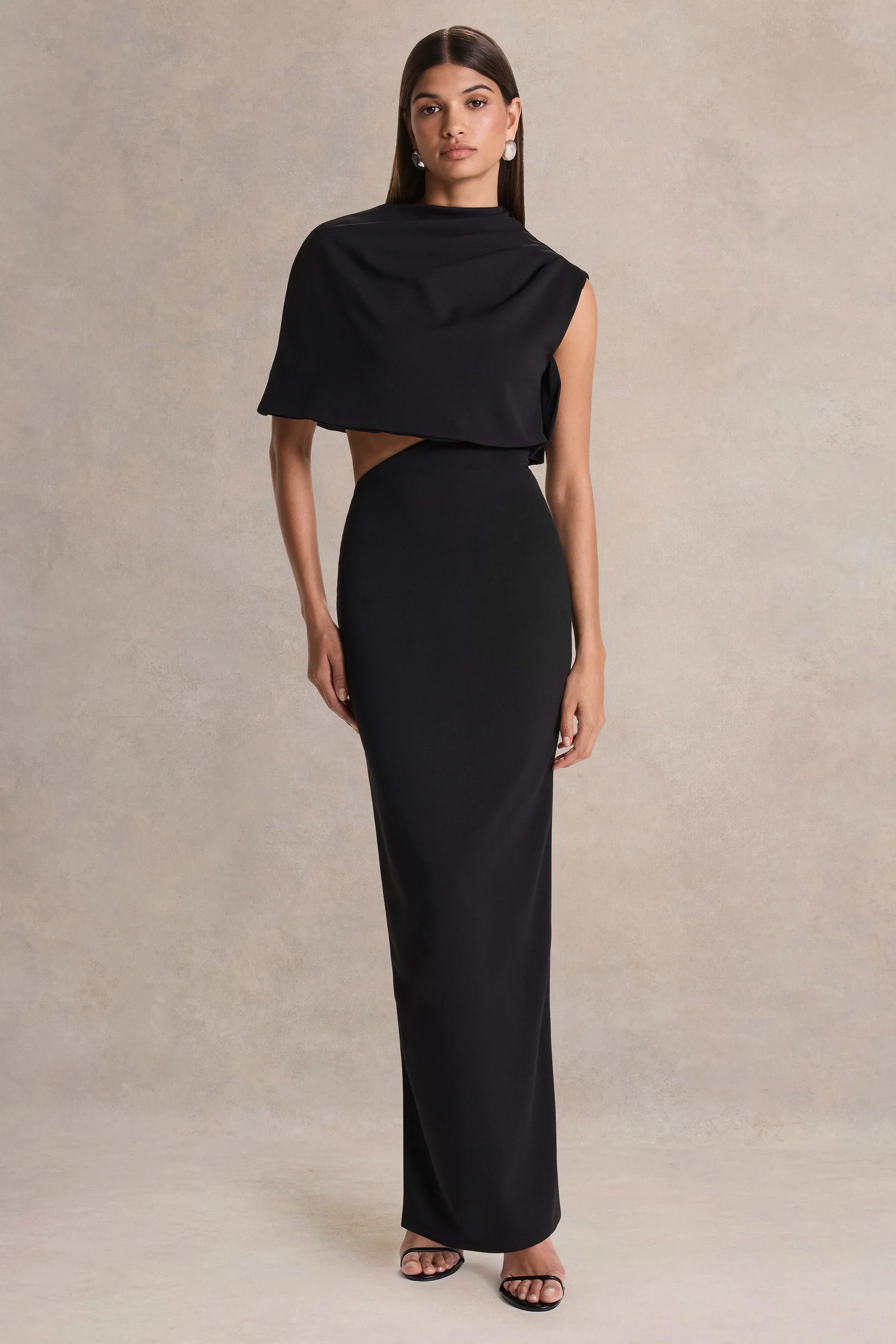 Roseth | Black High-Neck Maxi Dress With One-Sleeve And Body Cut-Out Detail