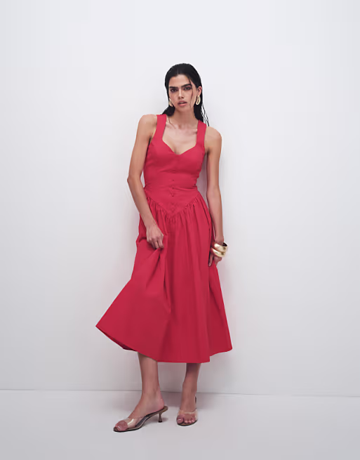 Kaiia exclusive cotton poplin sweetheart neckline button detail dropped v waist midi dress in red